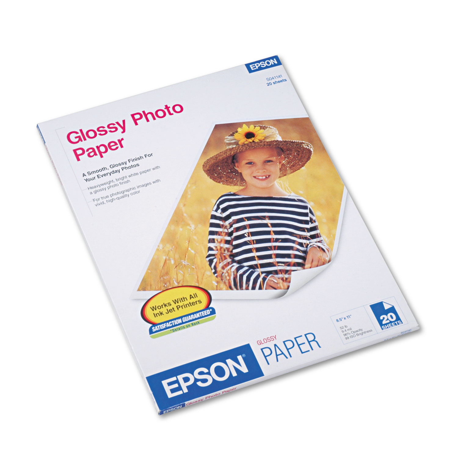  Epson S041141 Glossy Photo Paper, 9.4 mil, 8.5 x 11, Glossy White, 20/Pack (EPSS041141) 