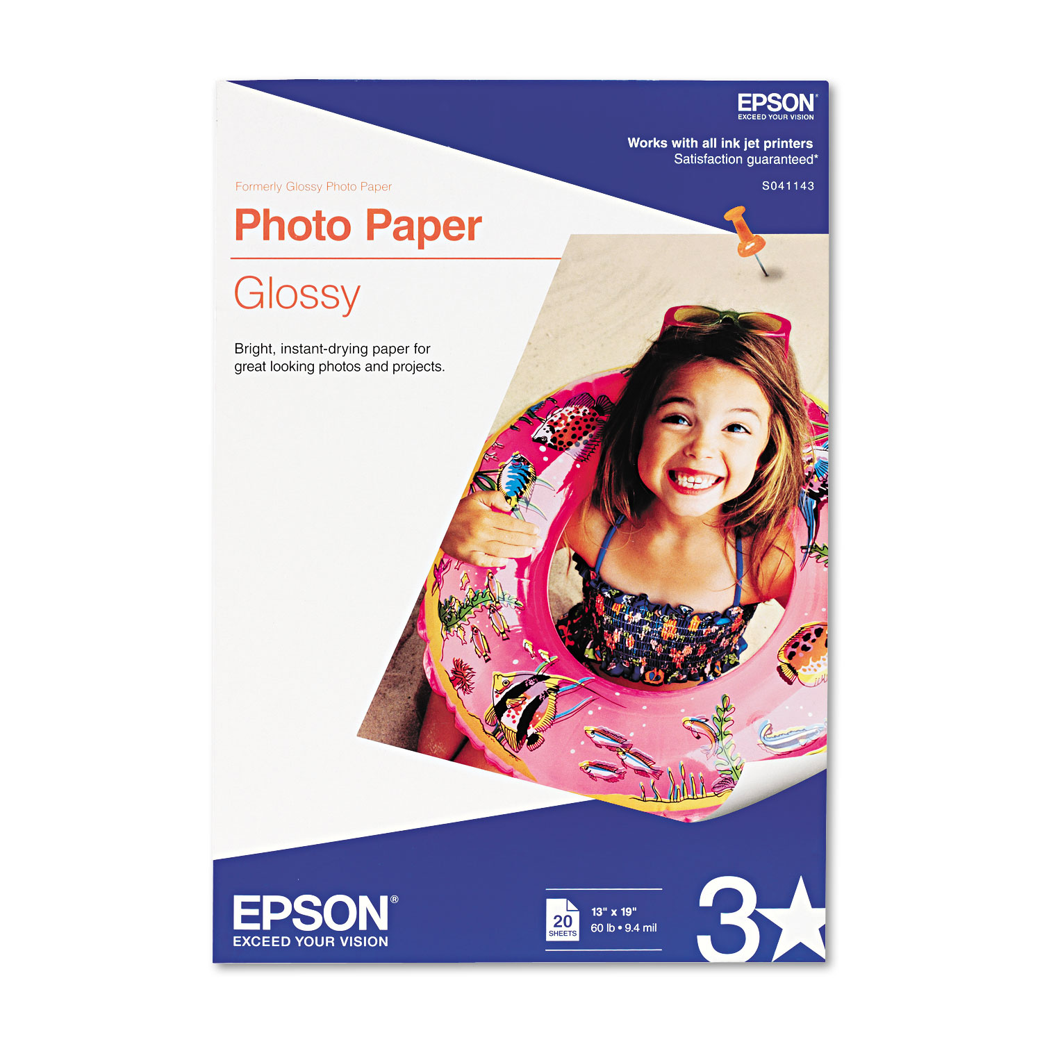 Epson S041143 Glossy Photo Paper, 9.4 mil, 13 x 19, Glossy White, 20/Pack (EPSS041143) 