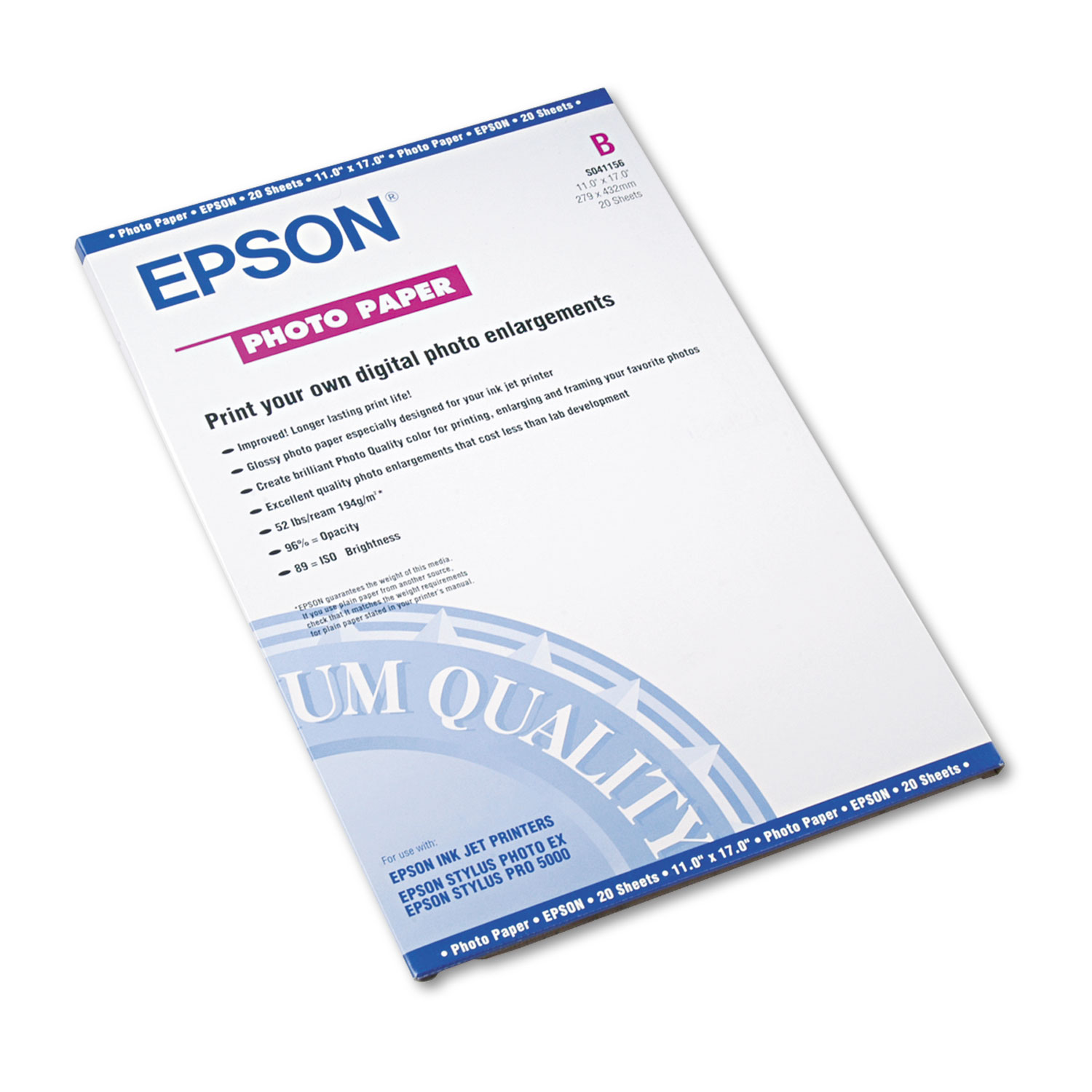  Epson S041156 Glossy Photo Paper, 9.4 mil, 11 x 17, Glossy White, 20/Pack (EPSS041156) 