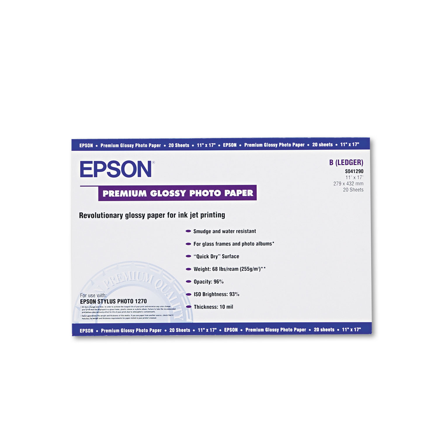  Epson S041290 Premium Photo Paper, 10.4 mil, 11 x 17, High-Gloss White, 20/Pack (EPSS041290) 