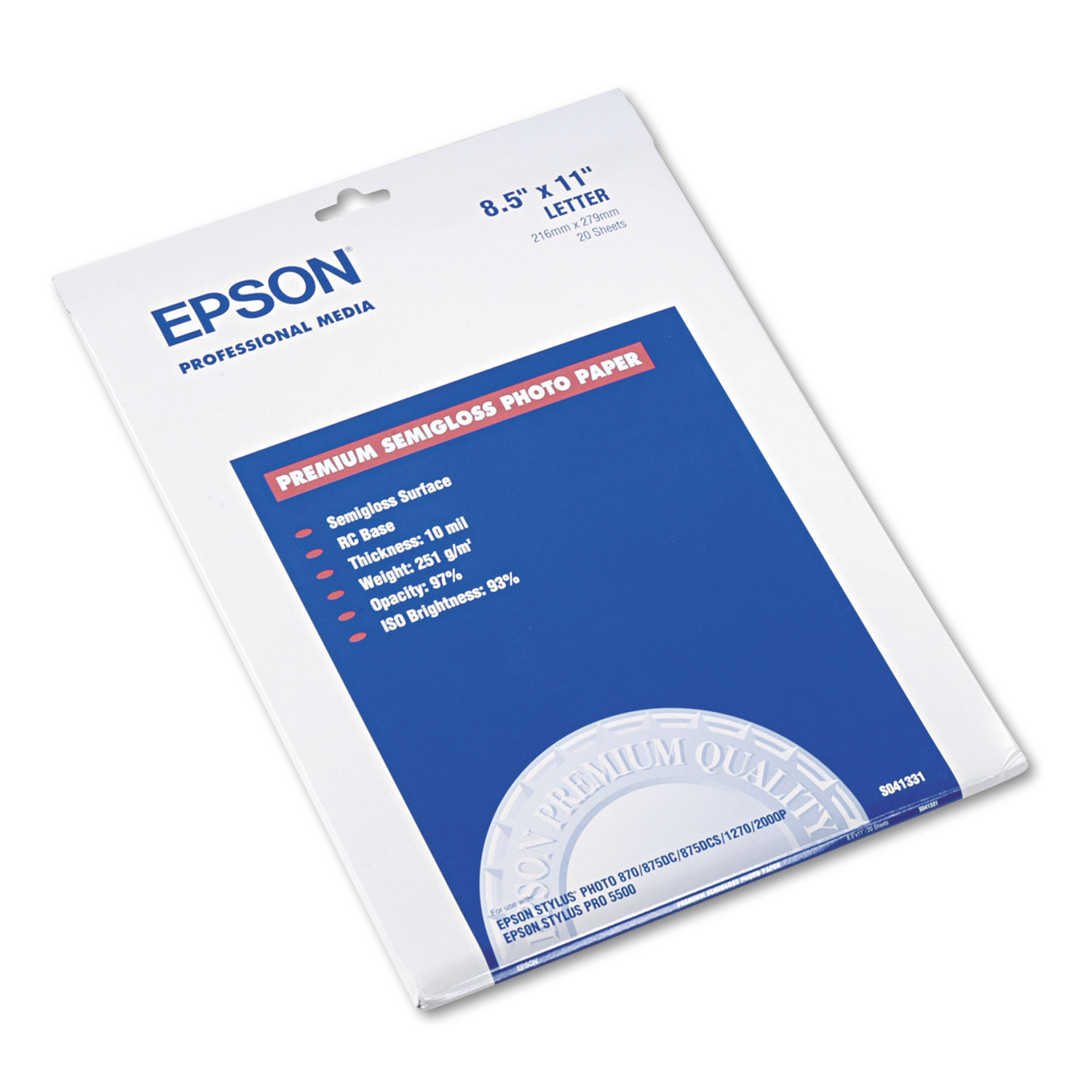  Epson S041331 Premium Photo Paper, 10.4 mil, 8.5 x 11, Semi-Gloss White, 20/Pack (EPSS041331) 