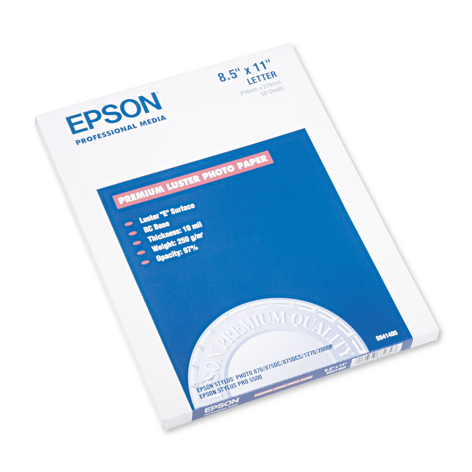  Epson S041405 Ultra Premium Photo Paper, 10 mil, 8.5 x 11, Luster White, 50/Pack (EPSS041405) 