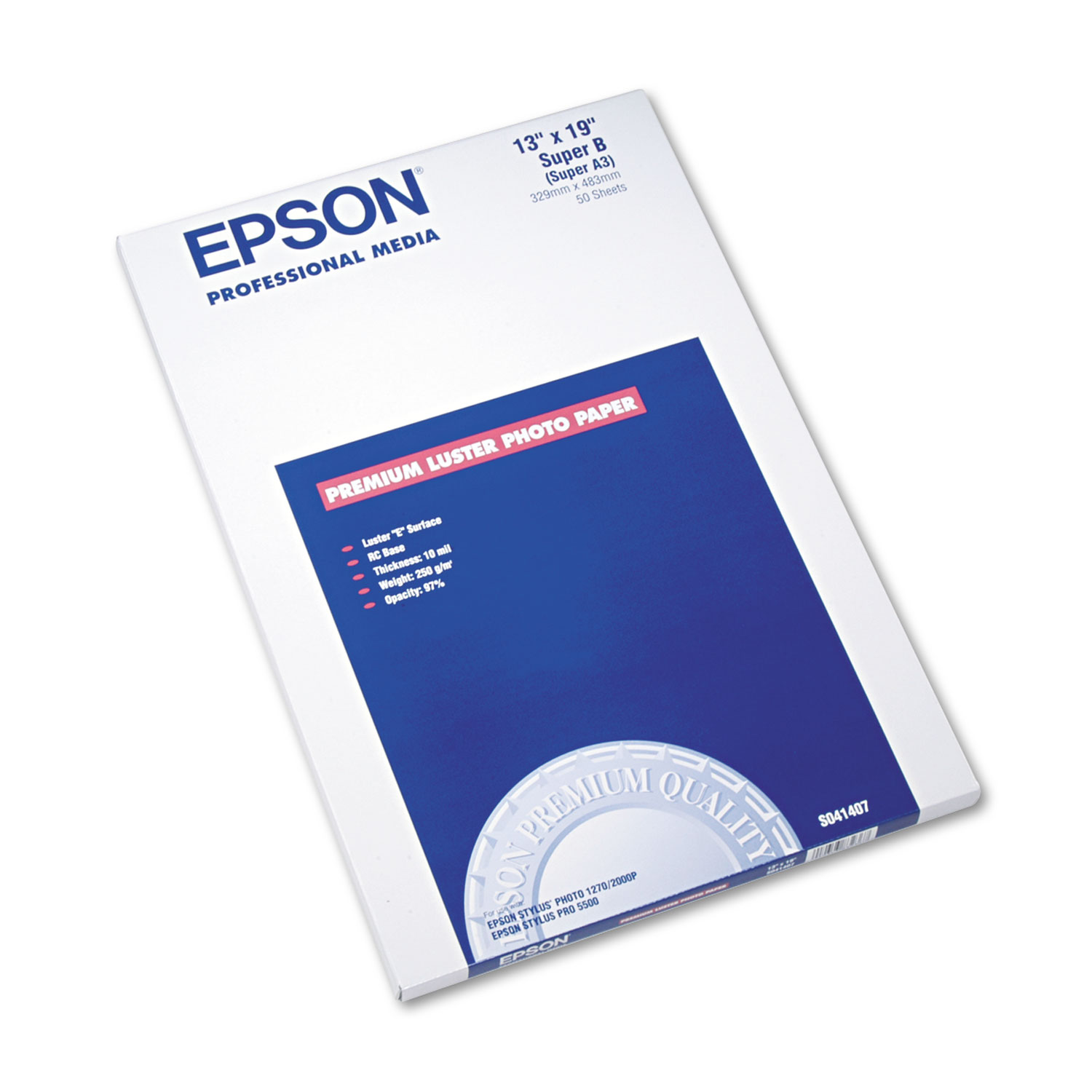  Epson S041407 Ultra Premium Photo Paper, 10 mil, 13 x 19, Luster White, 50/Pack (EPSS041407) 