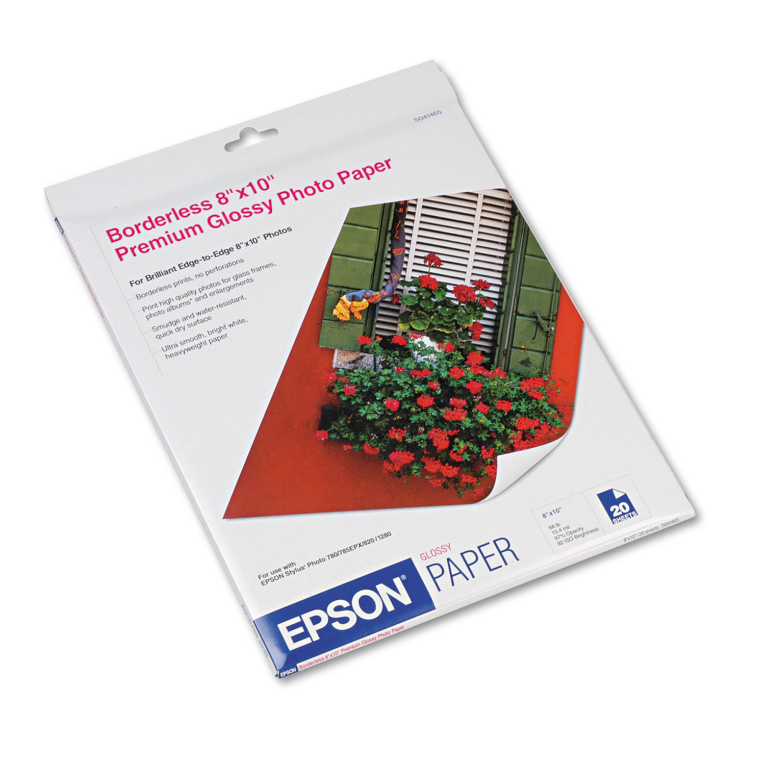  Epson S041465 Premium Photo Paper, 10.4 mil, 8 x 10, High-Gloss Bright White, 20/Pack (EPSS041465) 