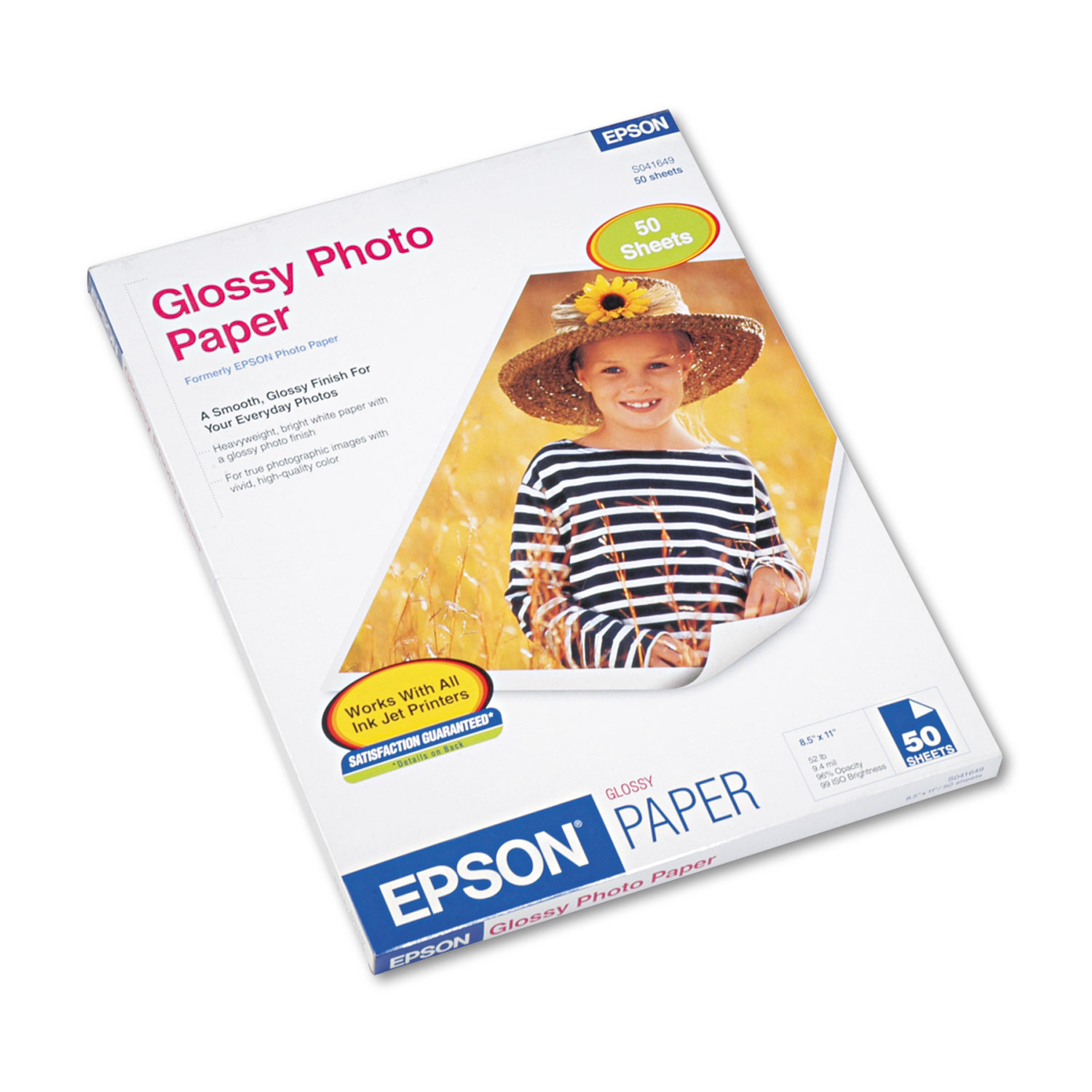  Epson S041649 Glossy Photo Paper, 9.4 mil, 8.5 x 11, Glossy White, 50/Pack (EPSS041649) 