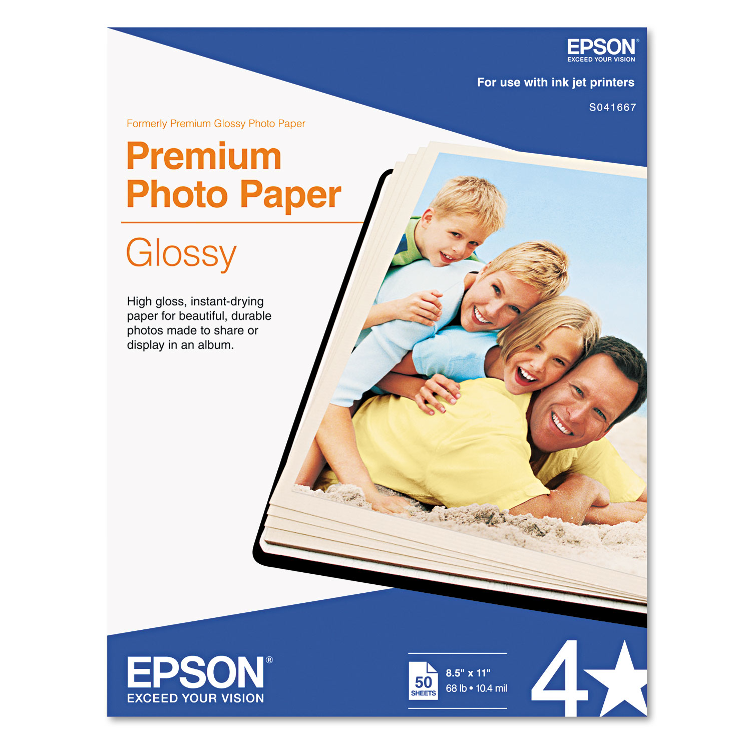  Epson S041667 Premium Photo Paper, 10.4 mil, 8.5 x 11, High-Gloss White, 50/Pack (EPSS041667) 