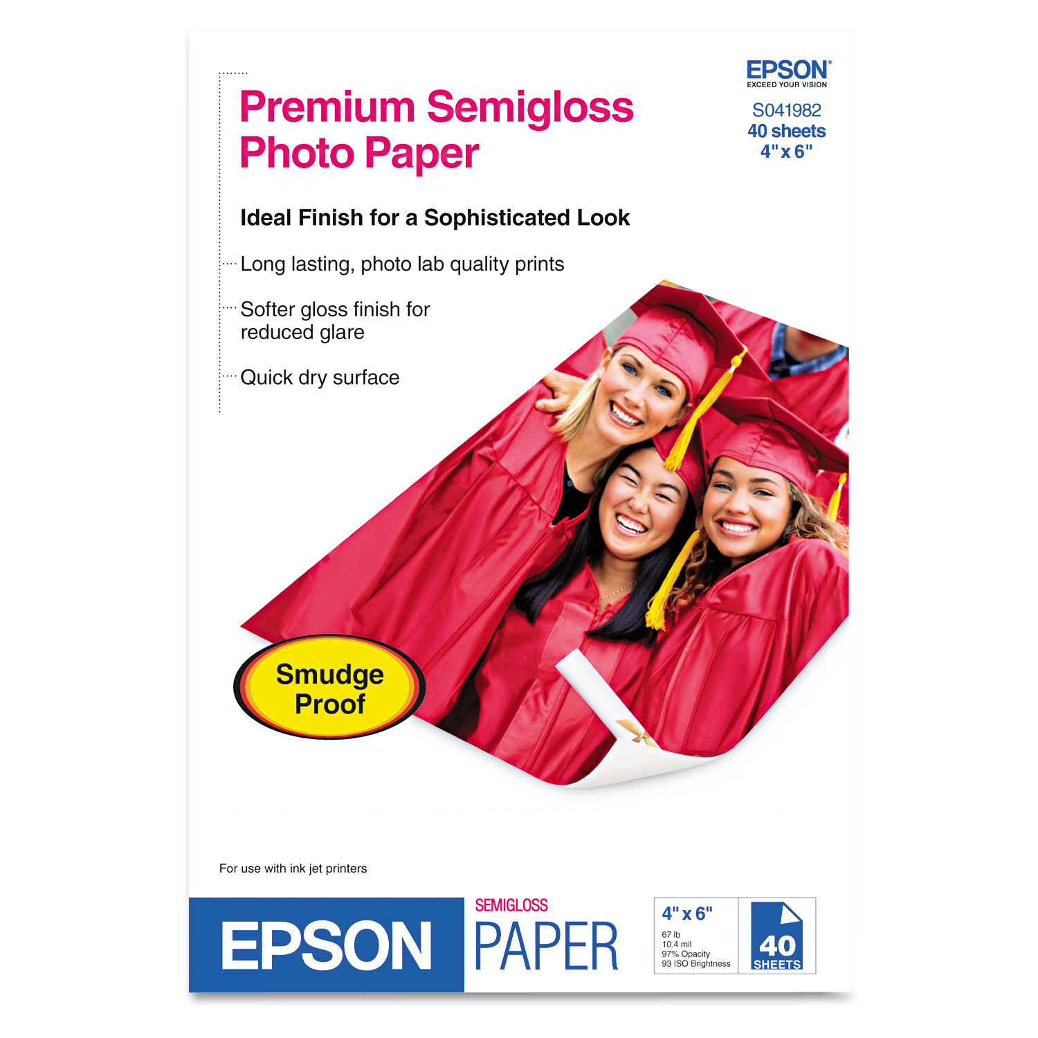  Epson S041982 Premium Semigloss Photo Paper, 7 mil, 4 x 6, Semi-Gloss White, 40/Pack (EPSS041982) 