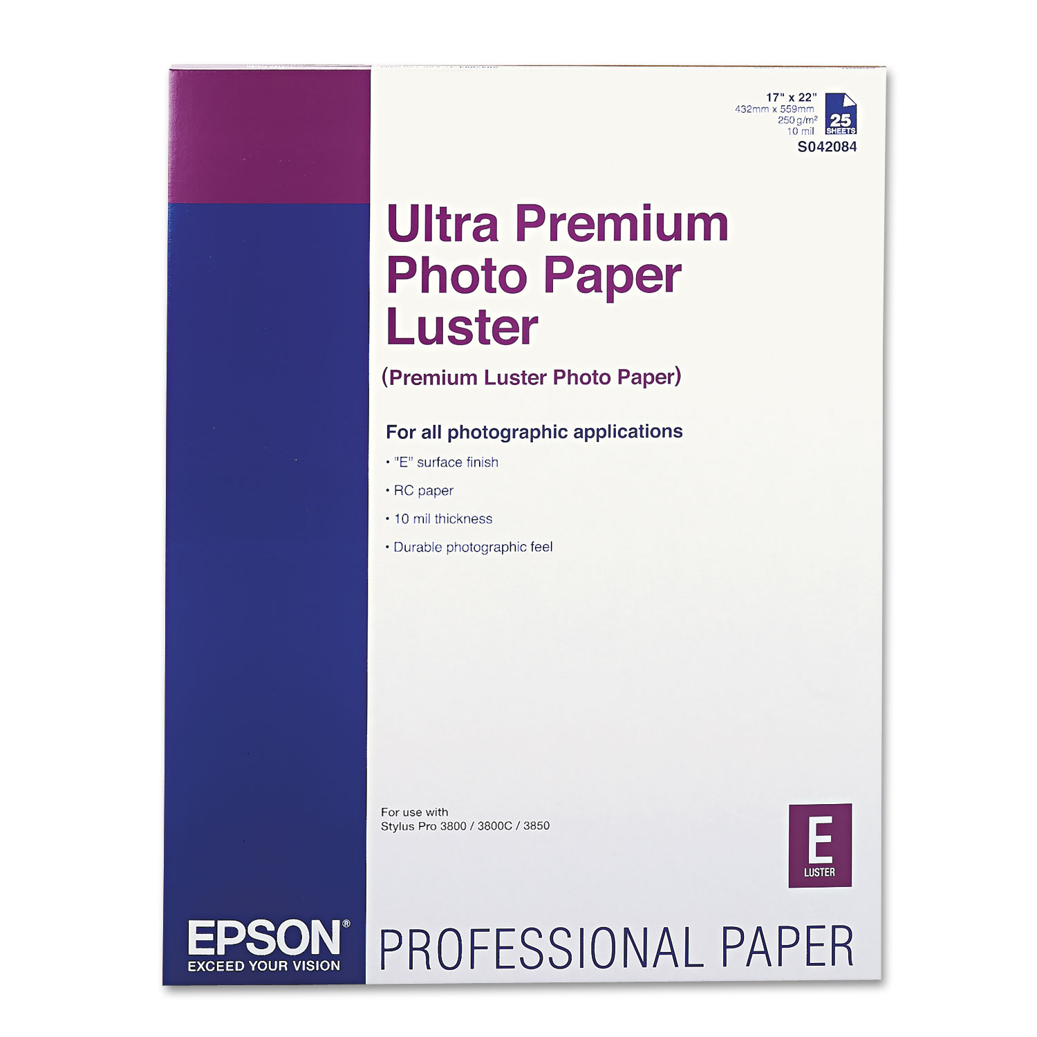  Epson S042084 Ultra Premium Photo Paper, 10 mil, 17 x 22, Luster White, 25/Pack (EPSS042084) 