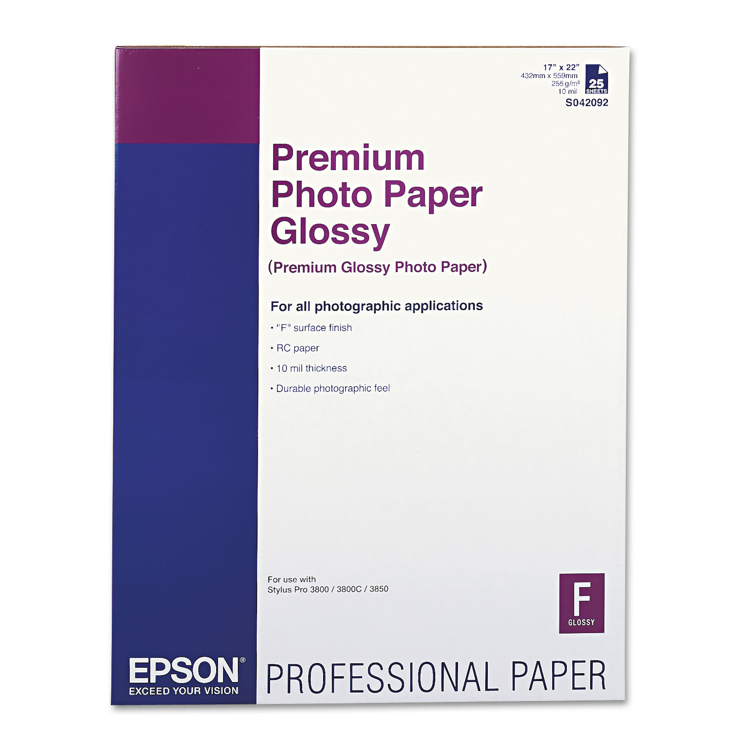  Epson S042092 Premium Photo Paper, 10.4 mil, 17 x 22, High-Gloss White, 25/Pack (EPSS042092) 