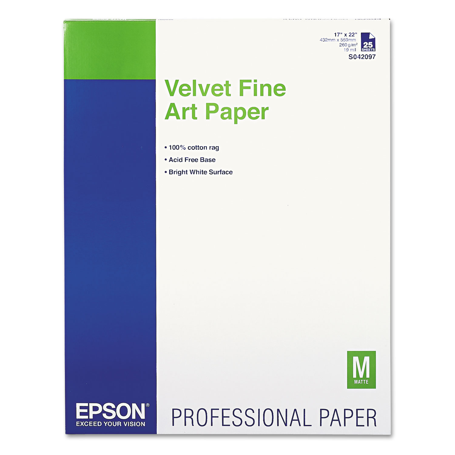  Epson S042097 Velvet Fine Art Paper, 17 x 22, White, 25/Pack (EPSS042097) 