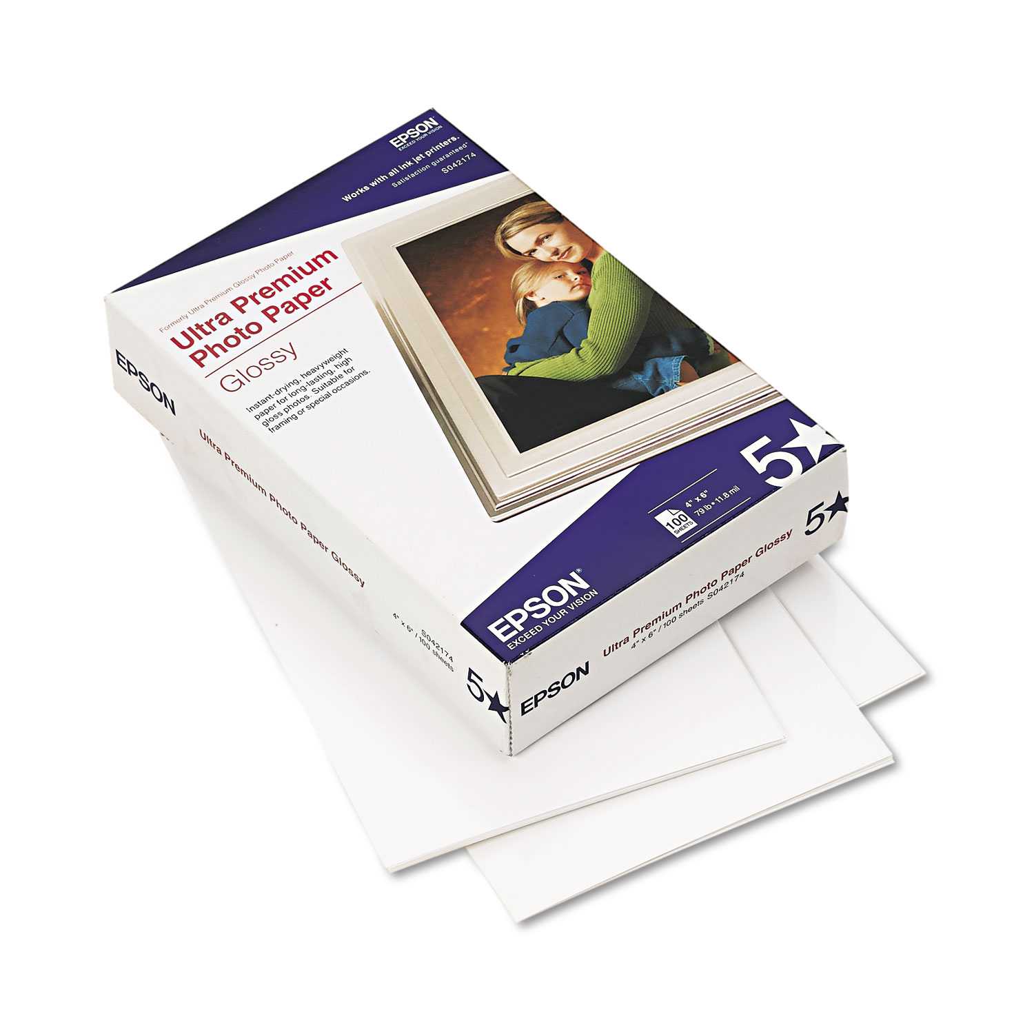  Epson S042174 Ultra Premium Glossy Photo Paper, 11.8 mil, 4 x 6, Glossy Bright White, 100/Pack (EPSS042174) 