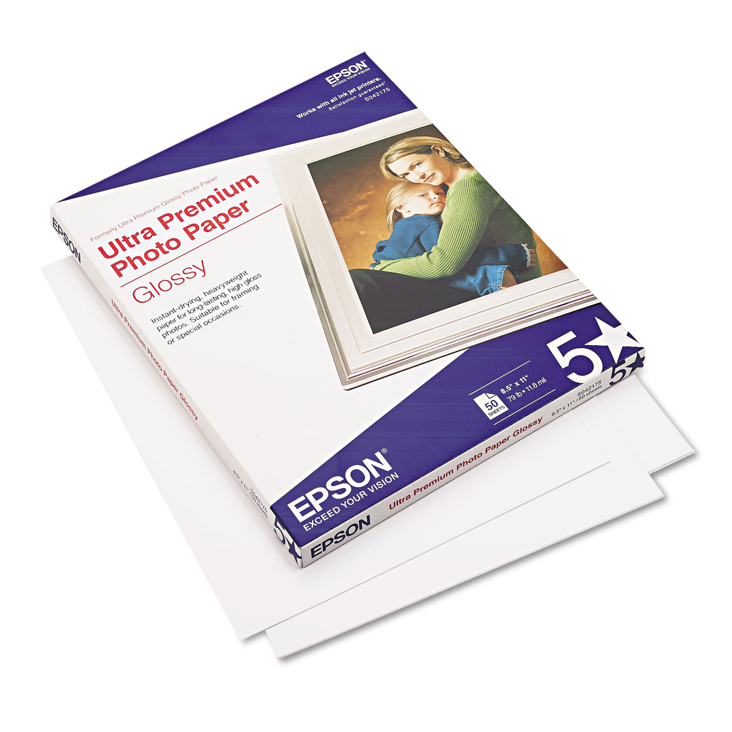  Epson S042175 Ultra Premium Gloss Photo Paper, 11.8 mil, 8.5 x 11, Bright White, 50/Pack (EPSS042175) 