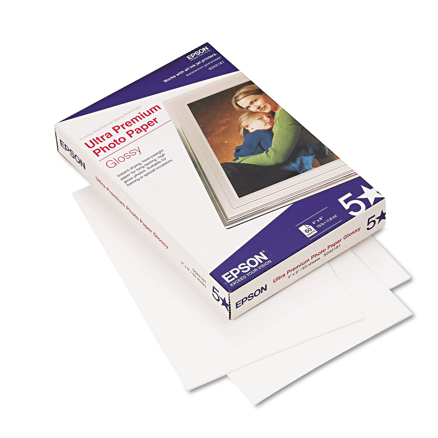  Epson S042181 Ultra Premium Glossy Photo Paper, 11.8 mil, 4 x 6, Glossy Bright White, 60/Pack (EPSS042181) 