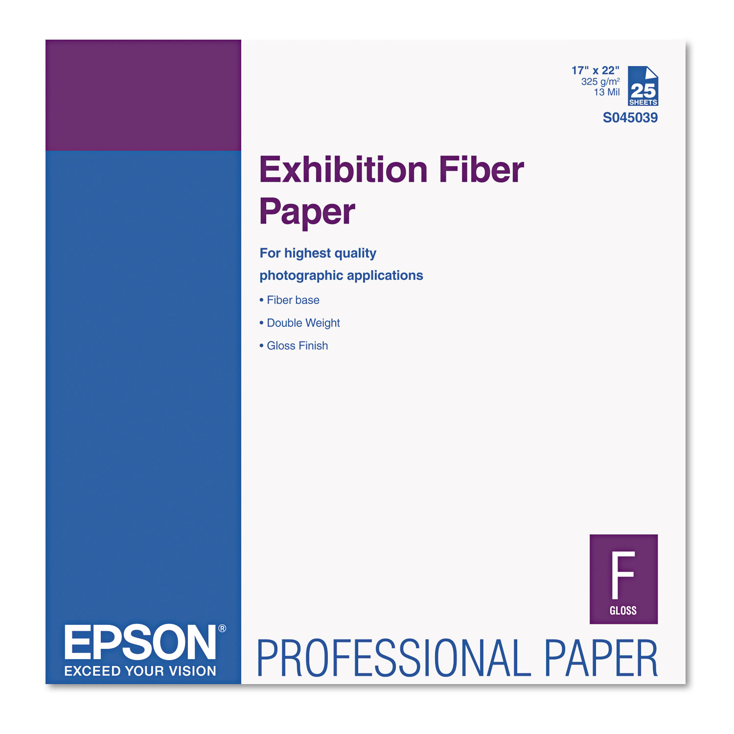  Epson S045039 Exhibition Fiber Paper, 13 mil, 17 x 22, White, 25/Pack (EPSS045039) 