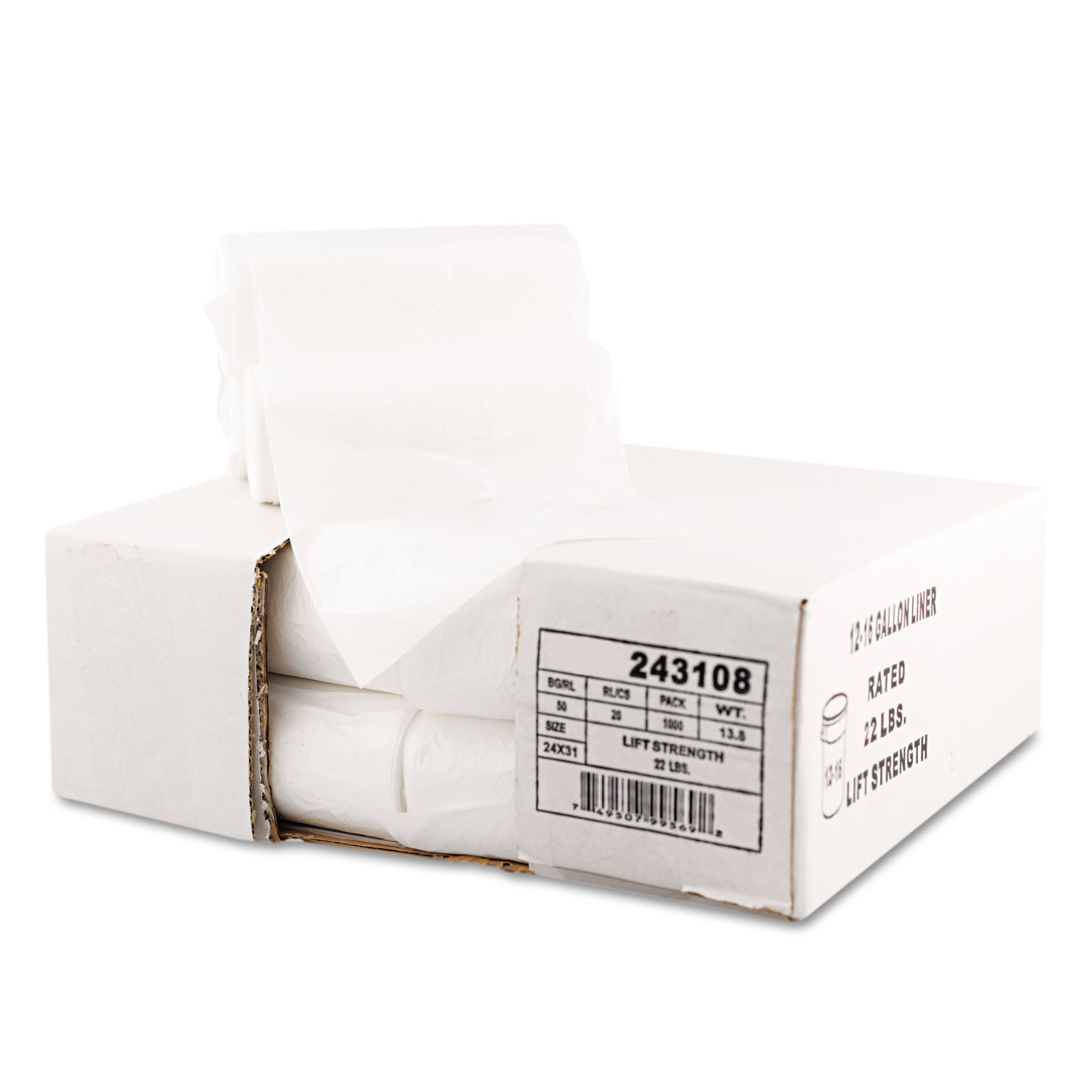 High-Density Can Liner, 24 x 31, 15gal, 7mic, Natural, 50 Bags/Roll, 20 Rolls/CT