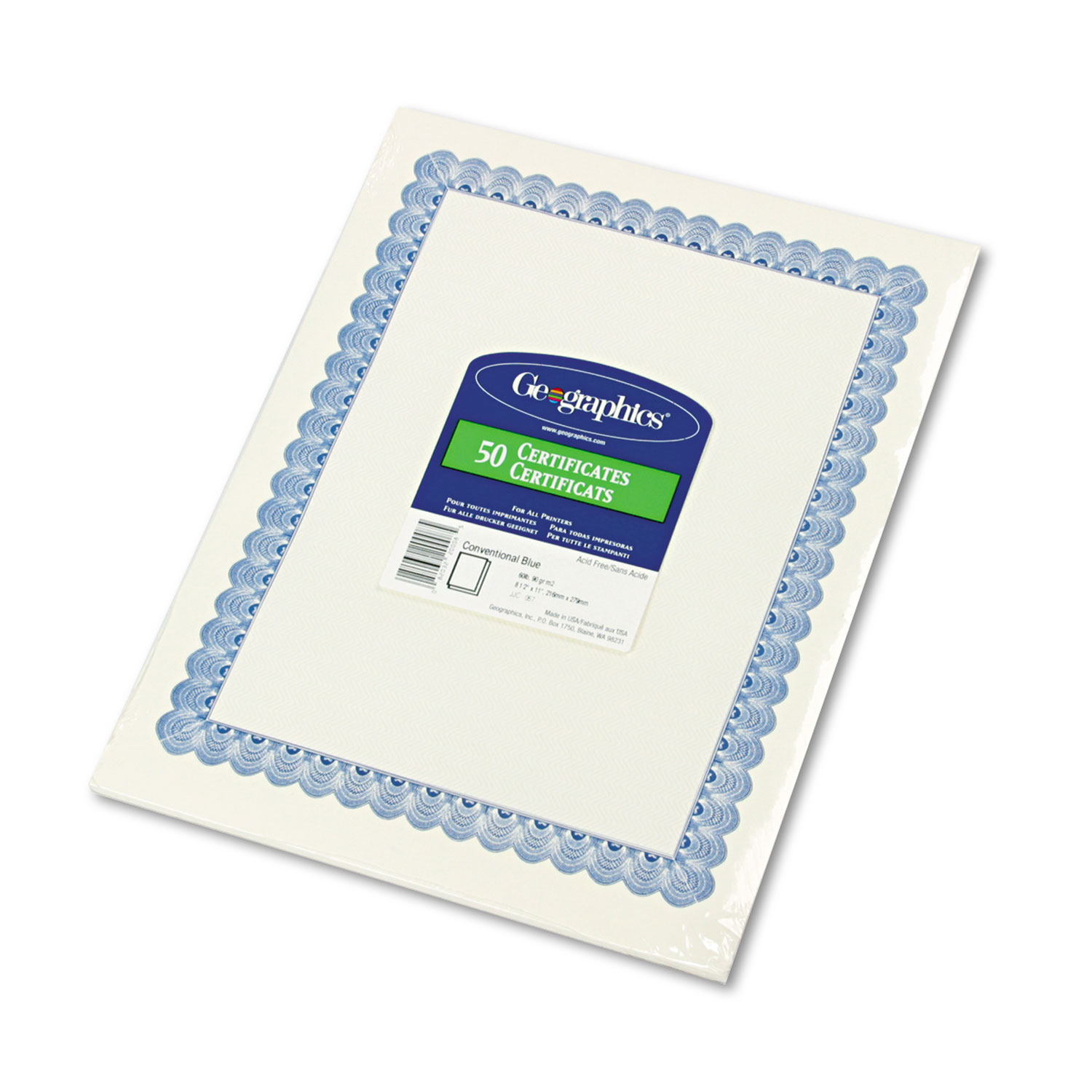 Parchment Paper Certificates, 8-1/2 x 11, Blue Conventional Border, 50/Pack