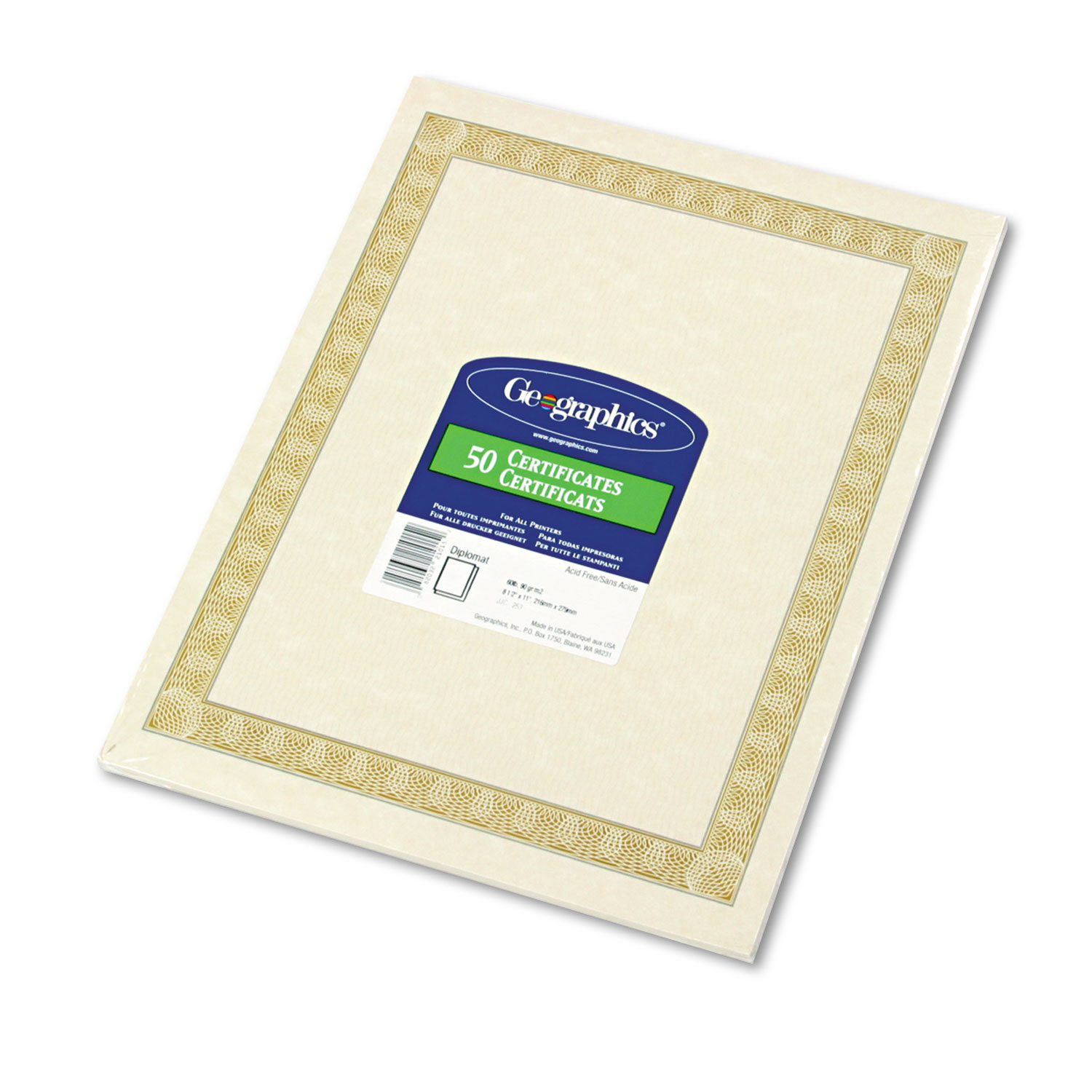  Geographics 21015 Parchment Paper Certificates, 8-1/2 x 11, Natural Diplomat Border, 50/Pack (GEO21015) 