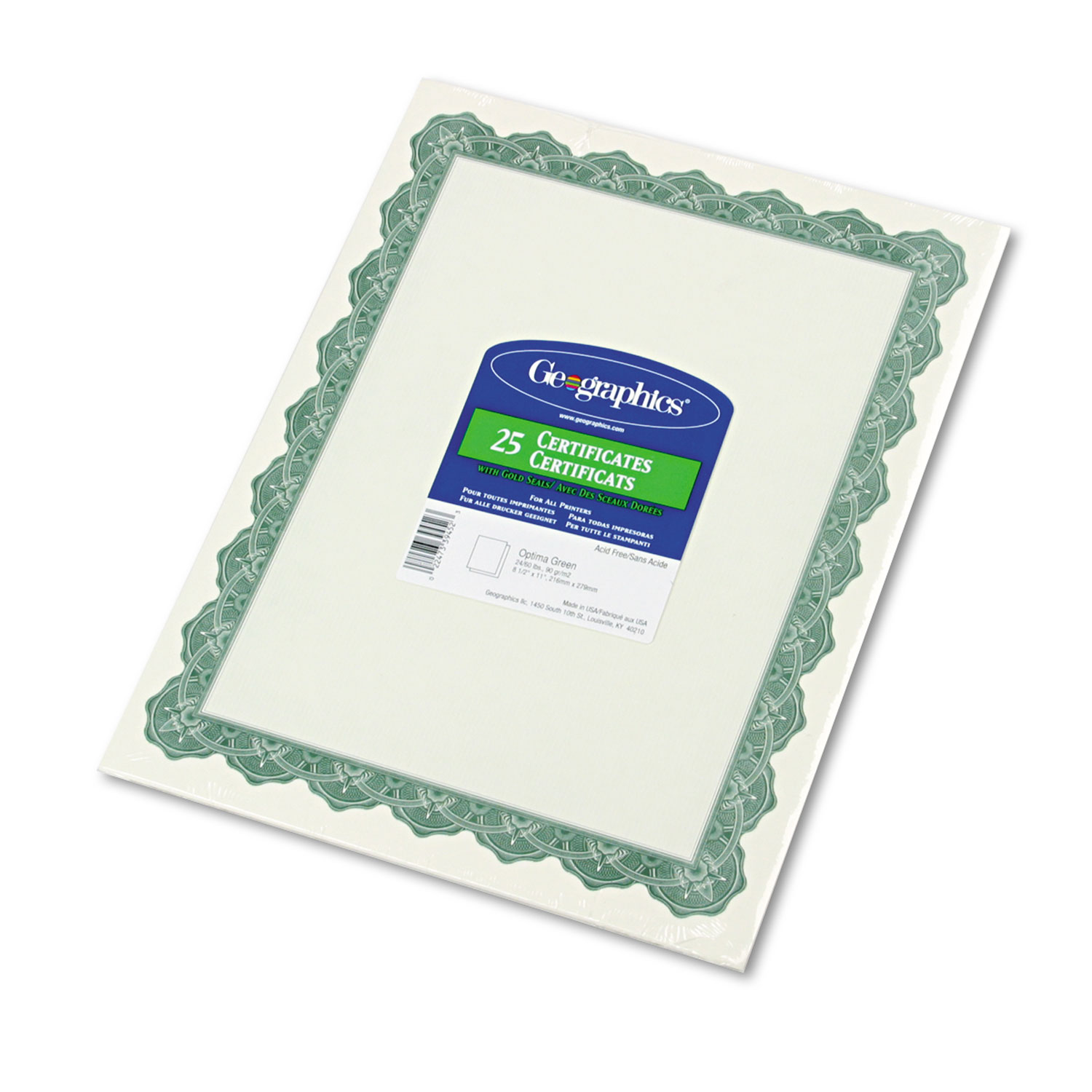 Parchment Paper Certificates, 8-1/2 x 11, Optima Green Border, 25/Pack