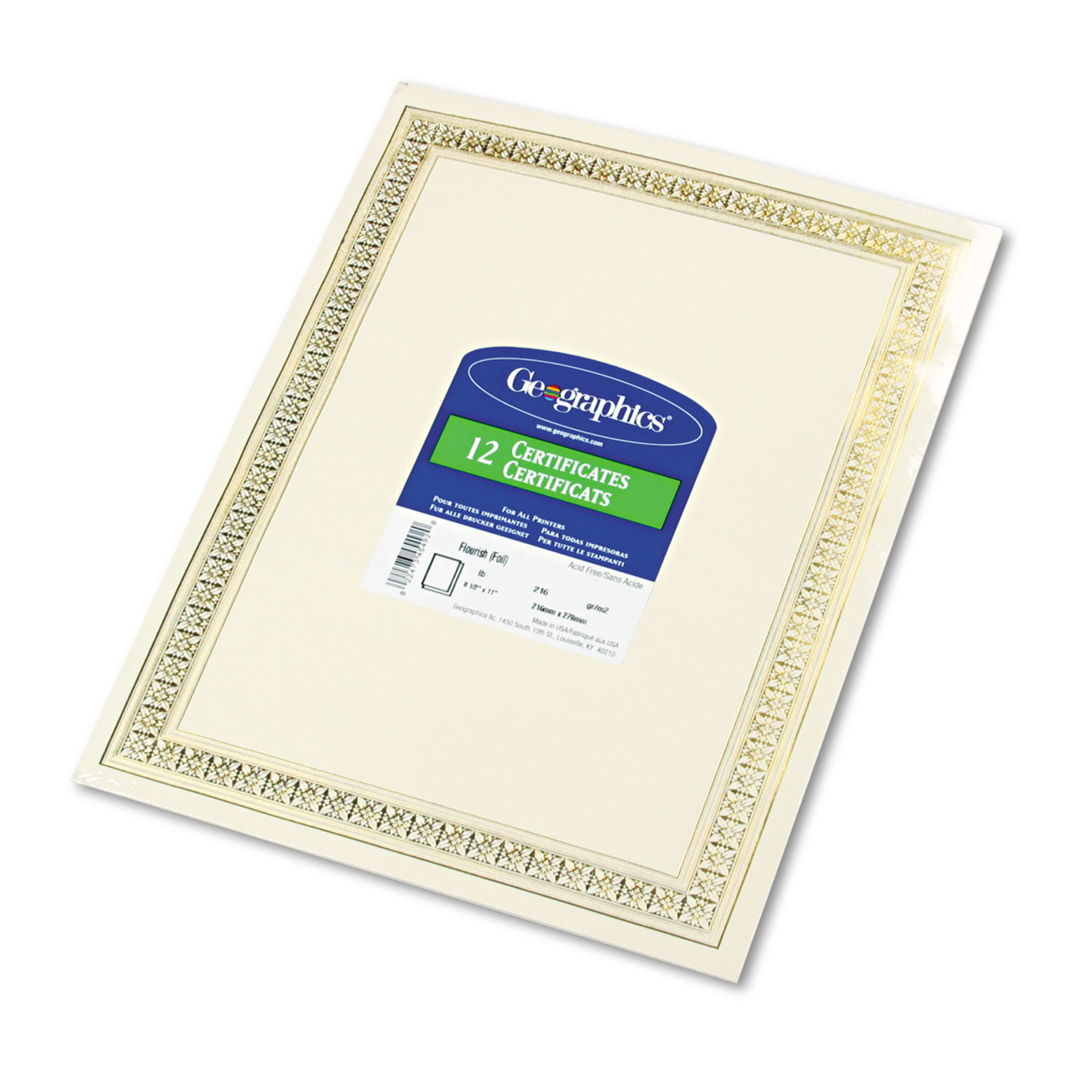  Geographics 45492 Foil Enhanced Certificates, 8-1/2 x 11, Gold Flourish Border, 12/Pack (GEO45492) 
