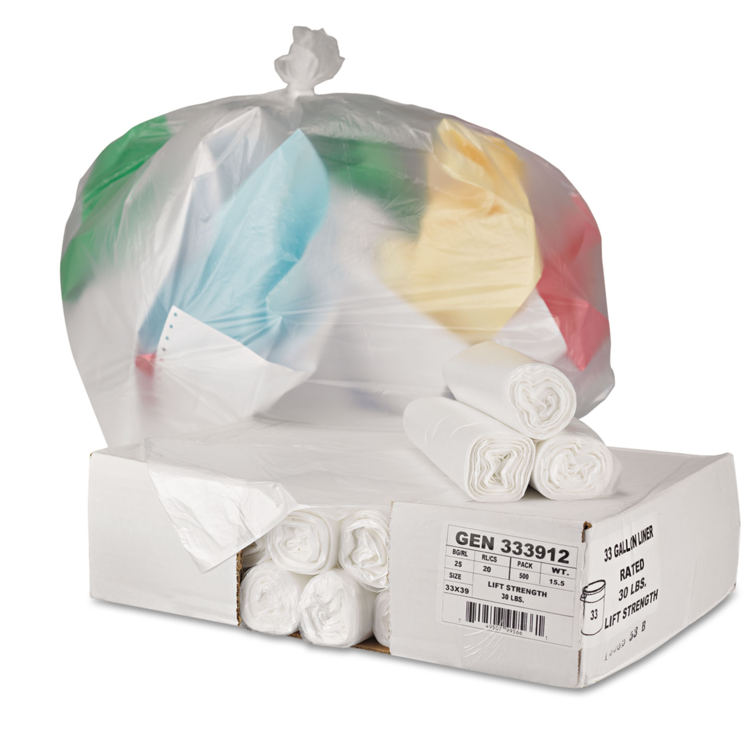 Hi-Density Can Liners, 33 x 39, 9mic, Natural, 25 Bags/Roll, 20 Rolls/CT