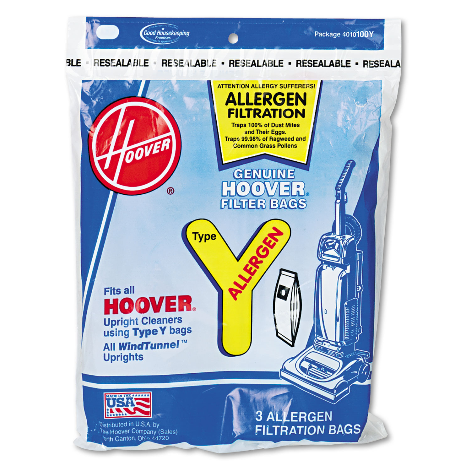  Hoover Commercial 4010100Y Disposable Allergen Filtration Bags For Commercial WindTunnel Vacuum, 3PK/EA (HVR4010100Y) 