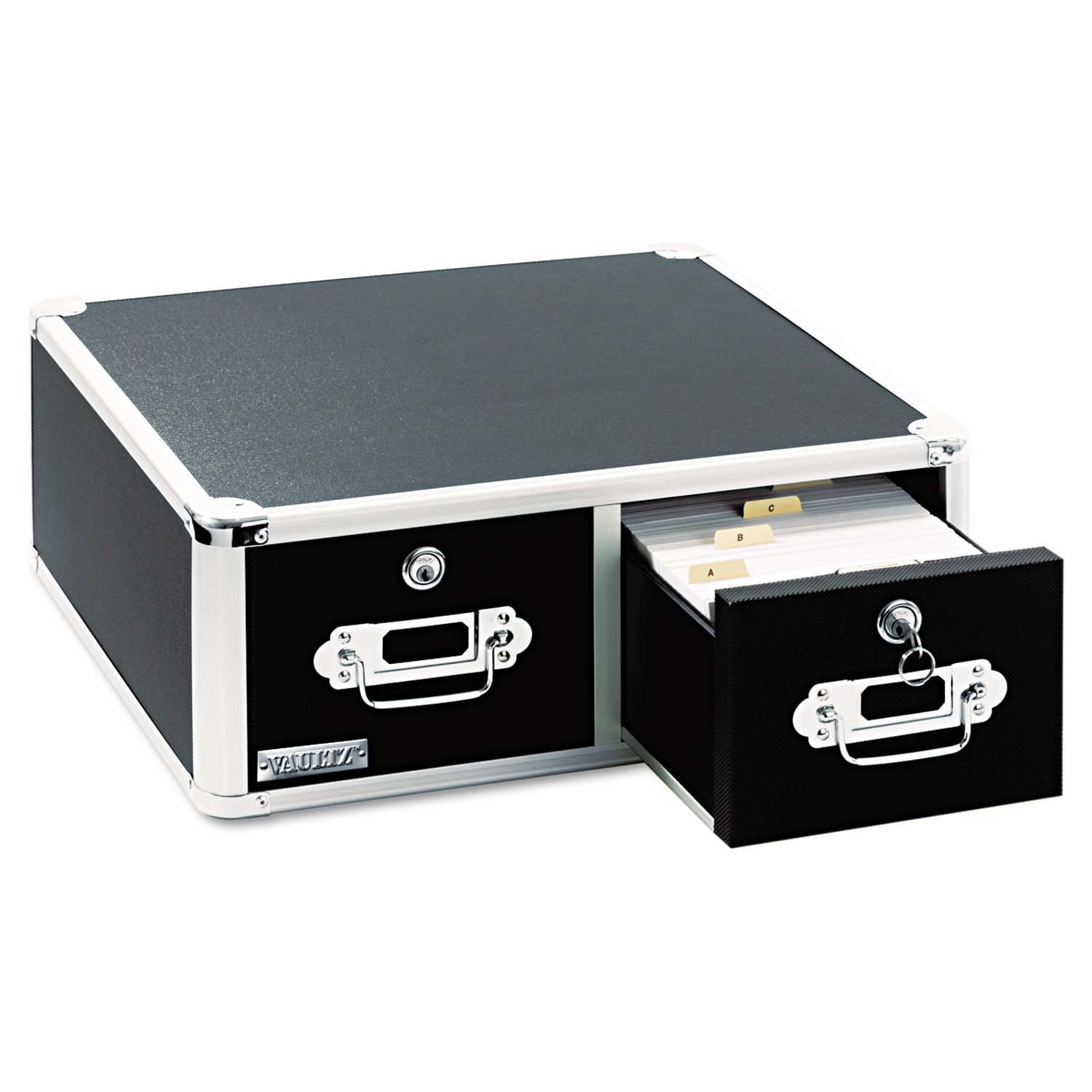 Vaultz Locking Two-Drawer Index Card Box, Holds 3,000 4 x 6 Cards, 17.5 x 14 x 6.5, Black