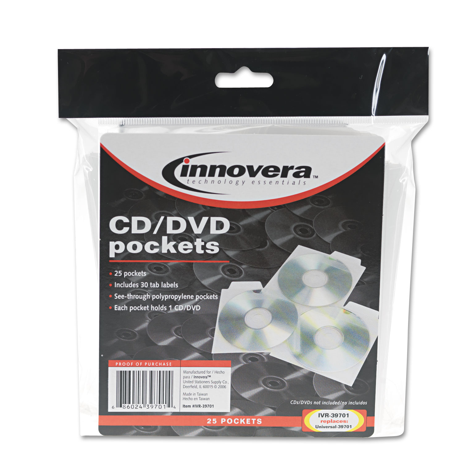  Innovera IVR39701 CD/DVD Pockets, 25/Pack (IVR39701) 