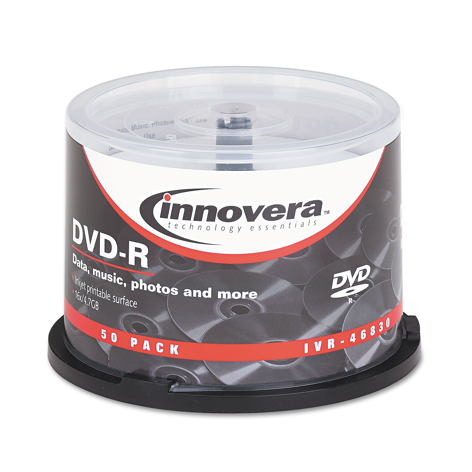  Innovera IVR46830 DVD-R Discs, Hub Printable, 4.7GB, 16x, Spindle, Matte White, 50/Pack (IVR46830) 