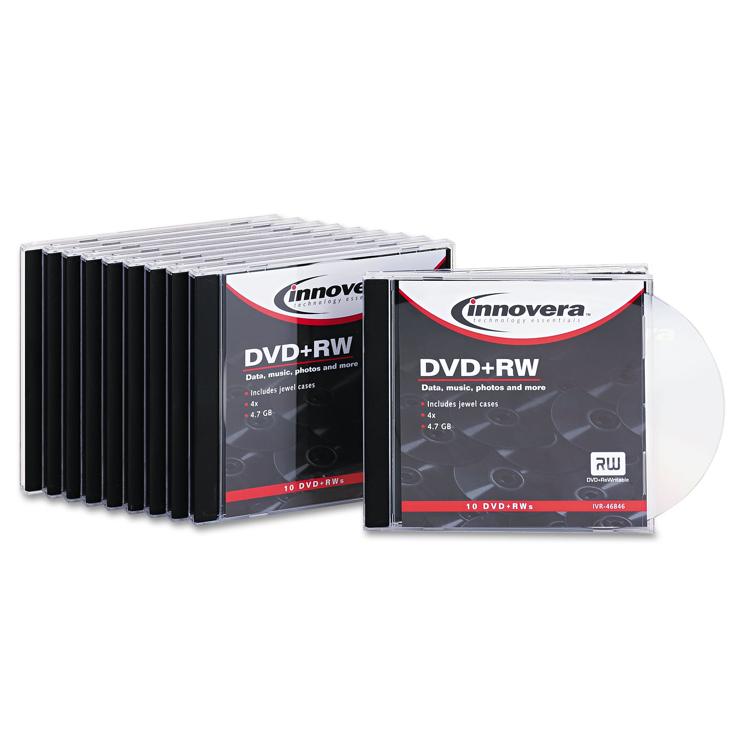 DVD+RW Discs, 4.7GB, 4x, w/Slim Jewel Cases, Silver, 10/Pack