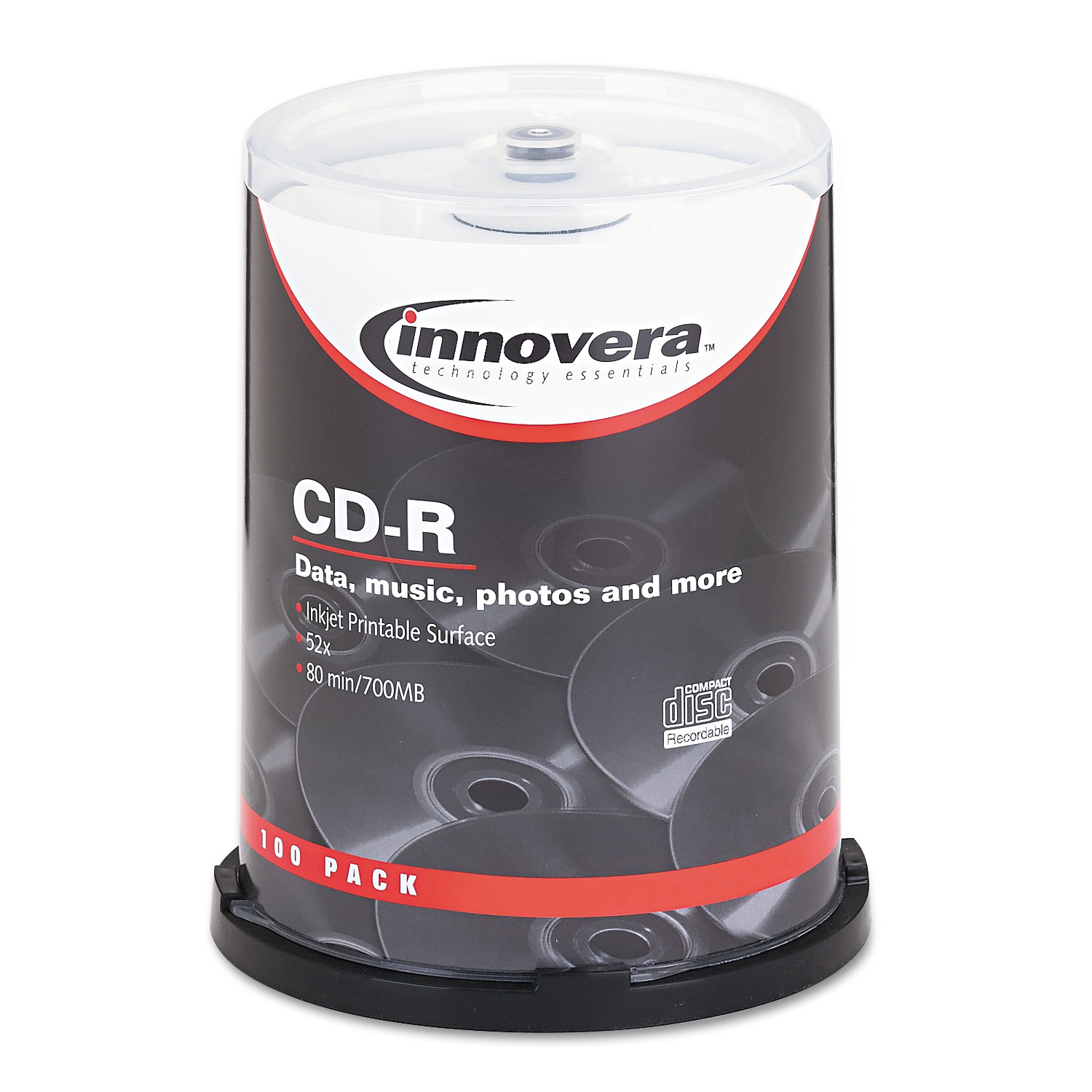  Innovera IVR77815 CD-R Discs, Hub Printable, 700MB/80min, 52x, Spindle, Matte White, 100/Pack (IVR77815) 