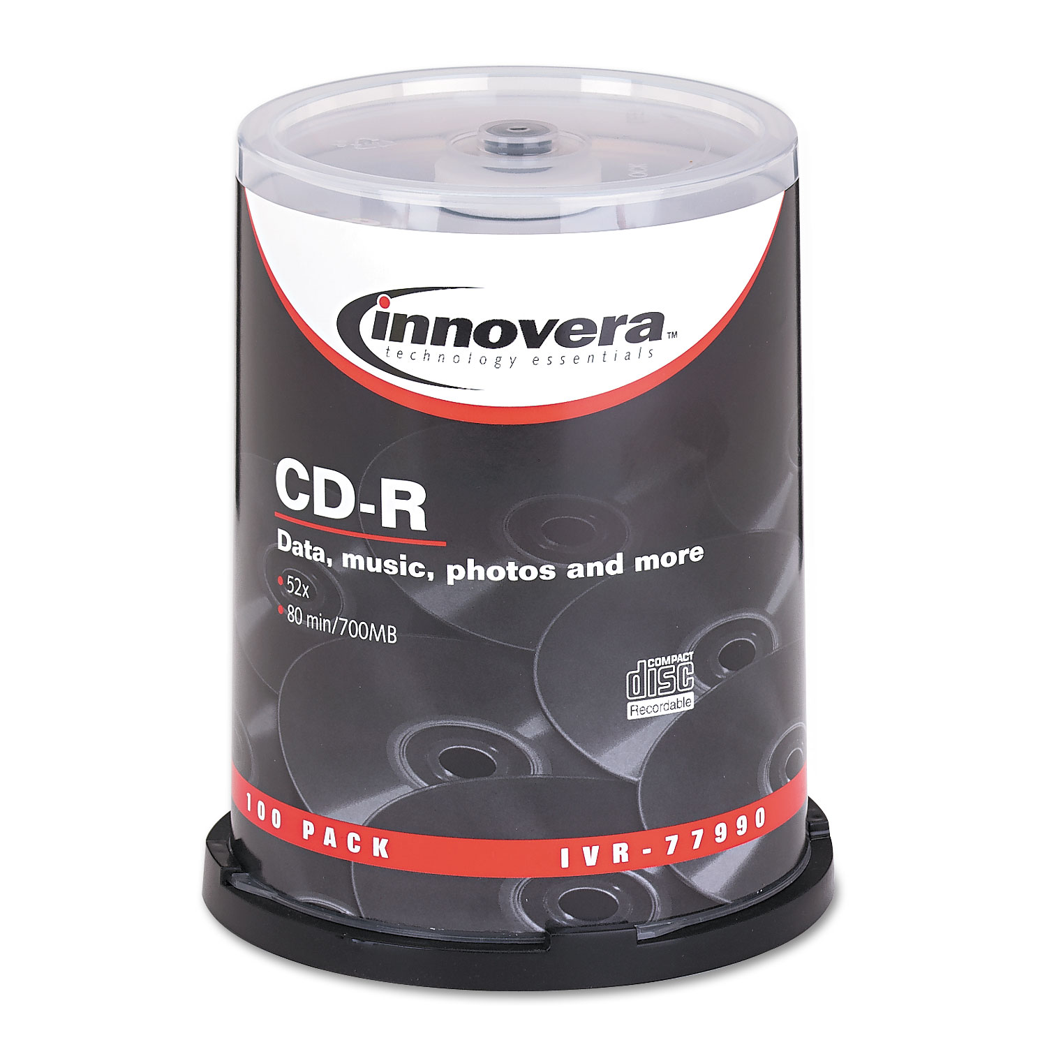  Innovera IVR77990 CD-R Discs, 700MB/80min, 52x, Spindle, Silver, 100/Pack (IVR77990) 