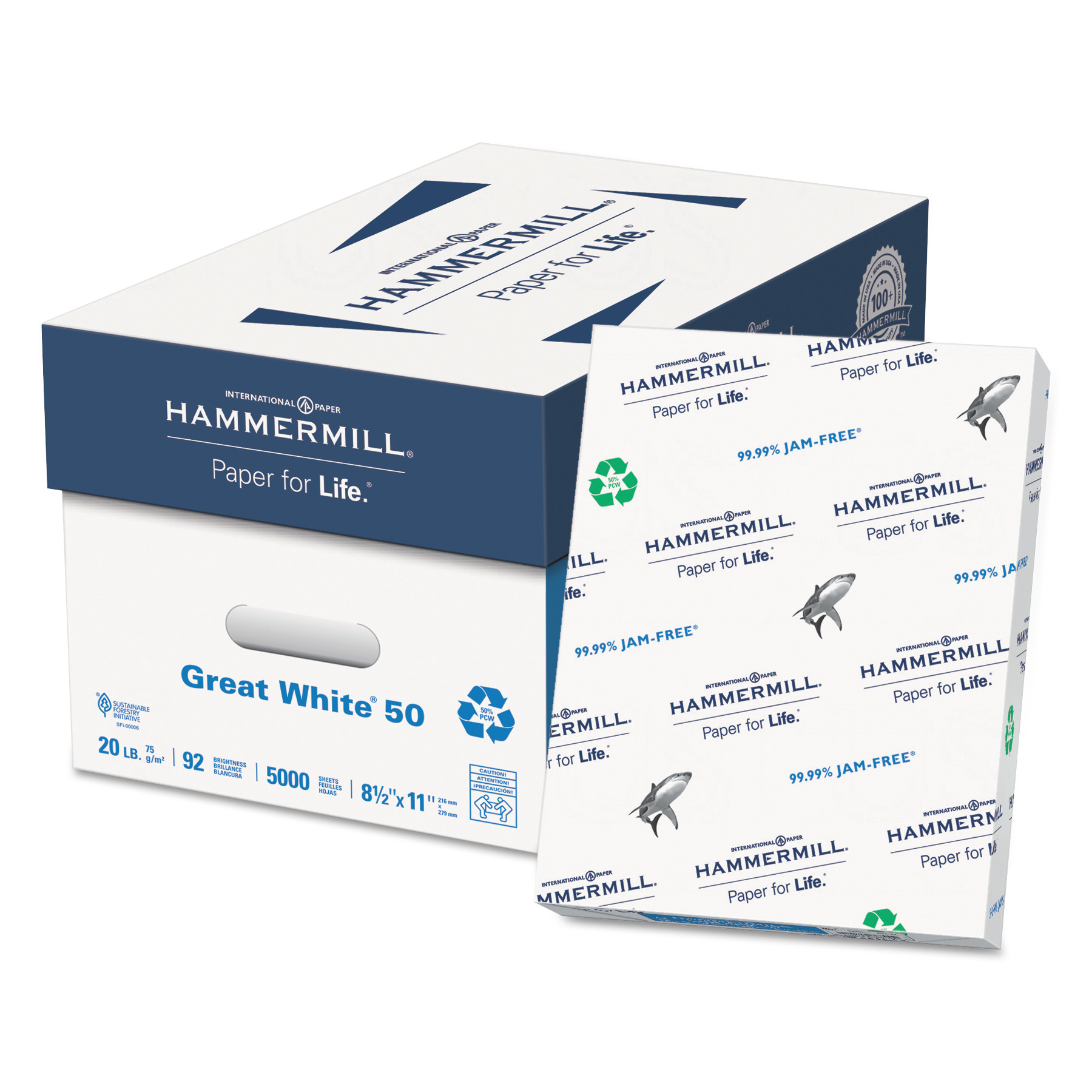  Hammermill 86780 Great White 50 Recycled Print Paper, 92 Bright, 20lb, 8.5 x 11, White, 500 Sheets/Ream, 10 Reams/Carton (HAM86780) 