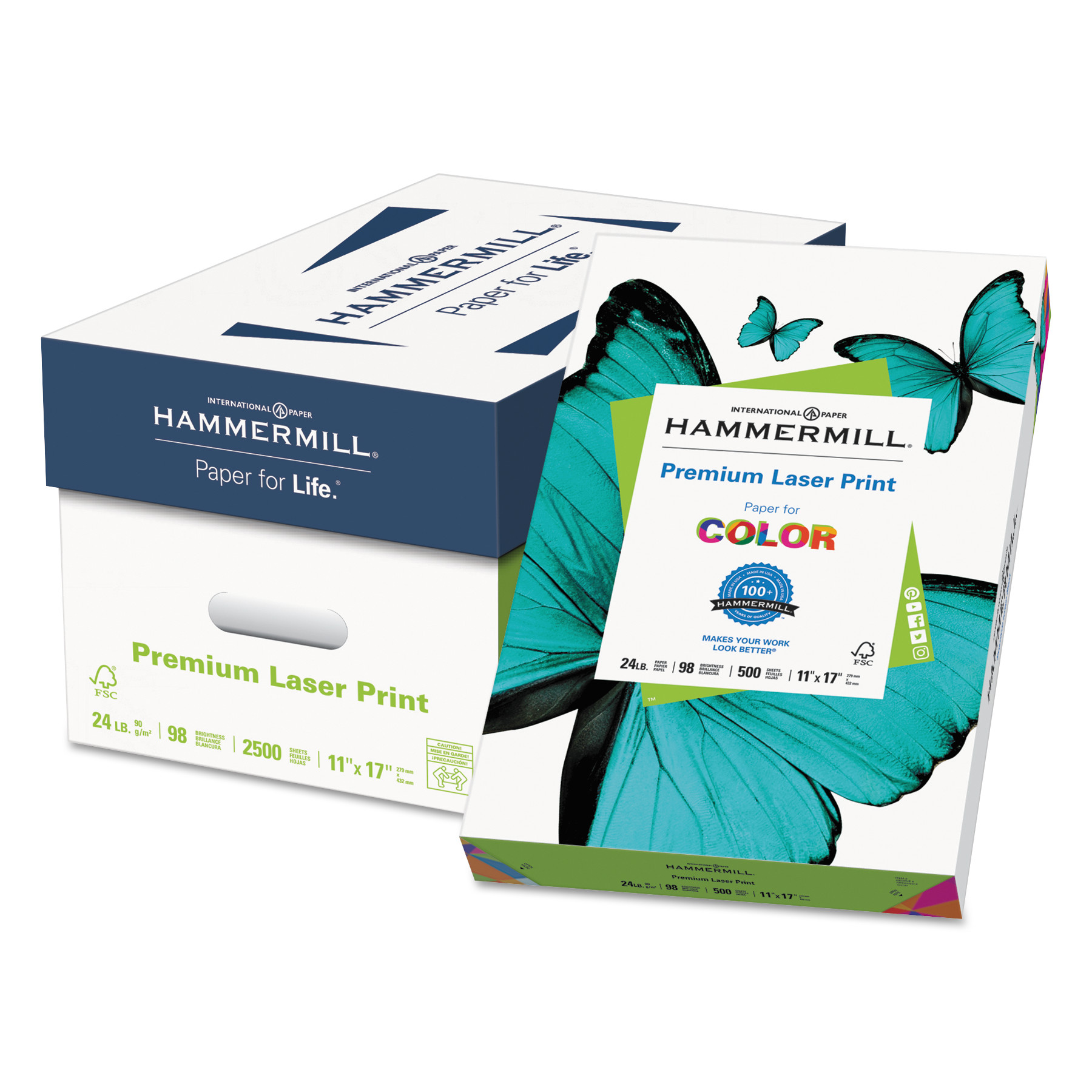 Premium Laser Print Paper, 98 Bright, 24lb, 11 x 17, White, 500/Ream