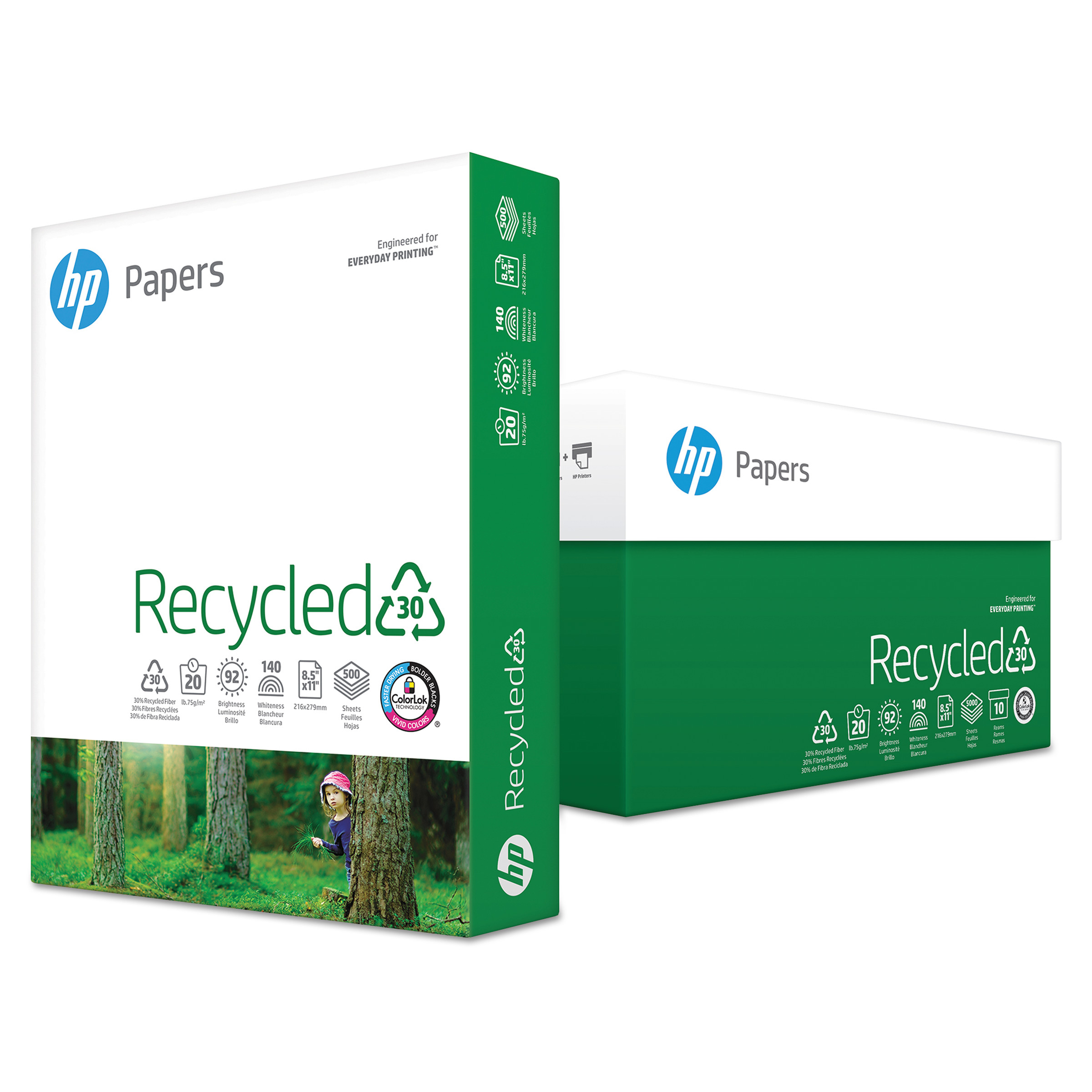Recycled30 Paper, 92 Bright, 20lb, 8.5 x 11, White, 500 Sheets/Ream, 10 Reams/Carton