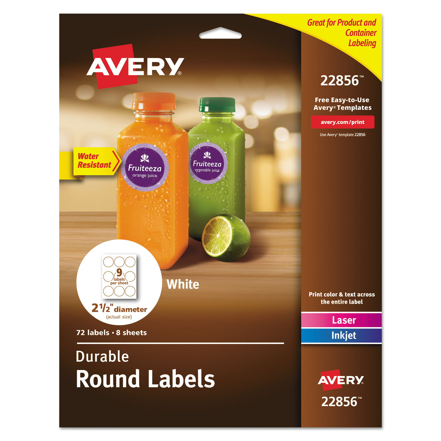  Avery 22856 Durable White ID Labels w/ Sure Feed, 2 1/2 dia, White, 72/Pk (AVE22856) 