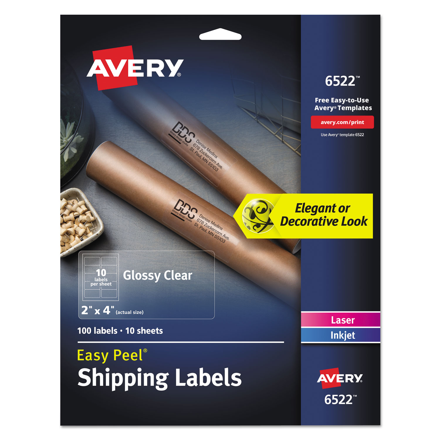  Avery 06522 Glossy Clear Easy Peel Mailing Labels w/ Sure Feed Technology, Inkjet/Laser Printers, 2 x 4, Clear, 10/Sheet, 10 Sheets/Pack (AVE6522) 