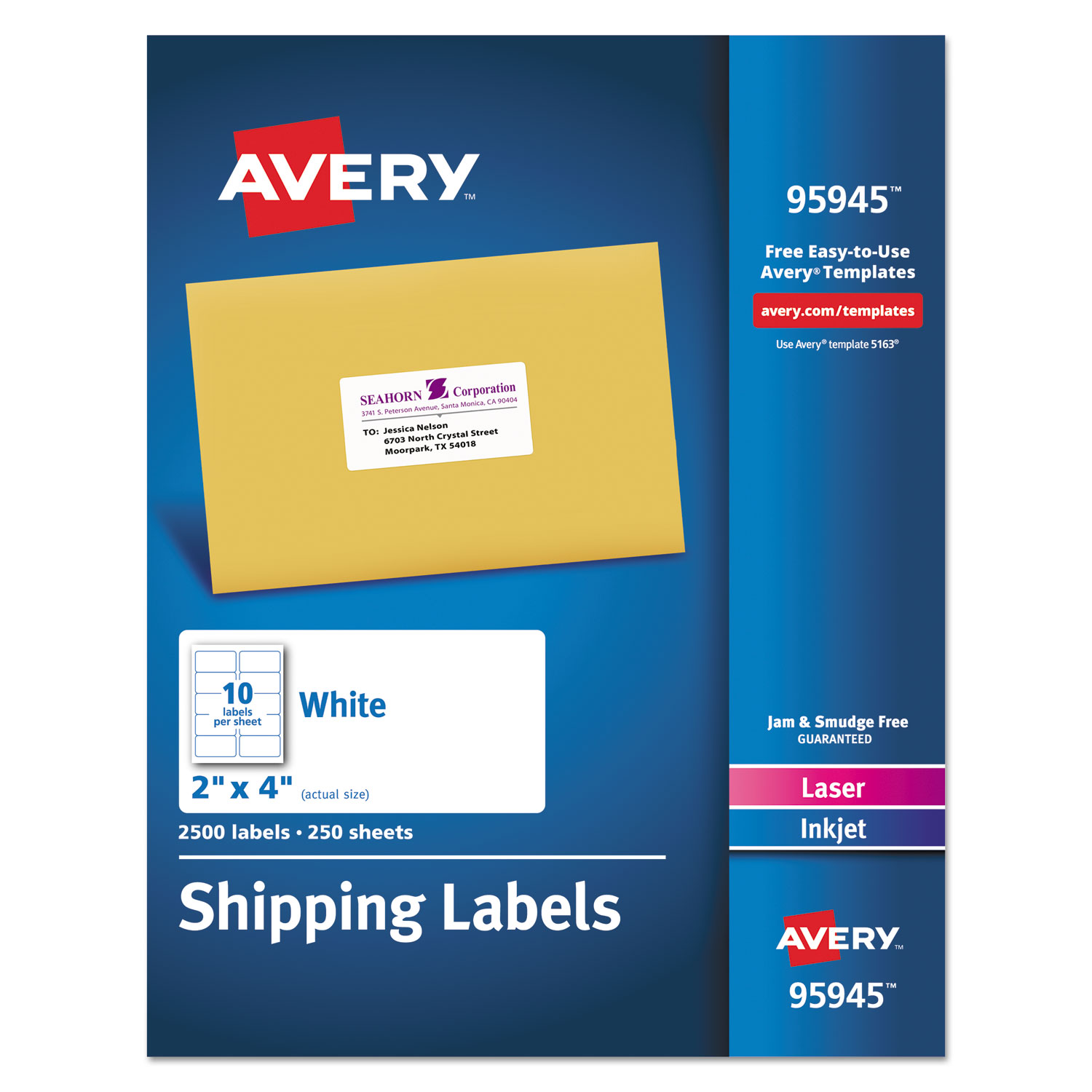  Avery 95945 White Shipping Labels-Bulk Packs, Inkjet/Laser Printers, 2 x 4, White, 10/Sheet, 250 Sheets/Box (AVE95945) 