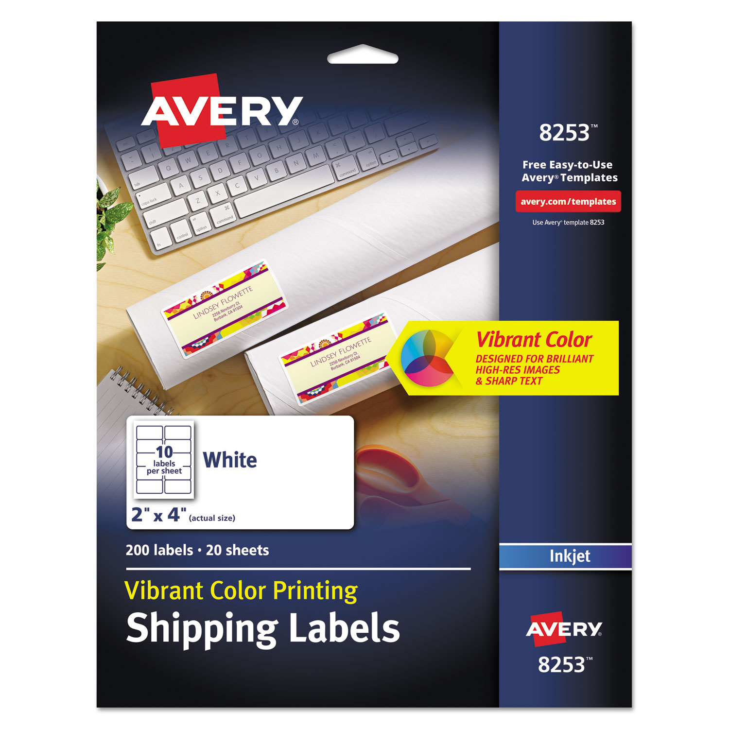  Avery 08253 Vibrant Inkjet Color-Print Labels with Sure Feed, 2 x 4, Matte White, 200/PK (AVE8253) 