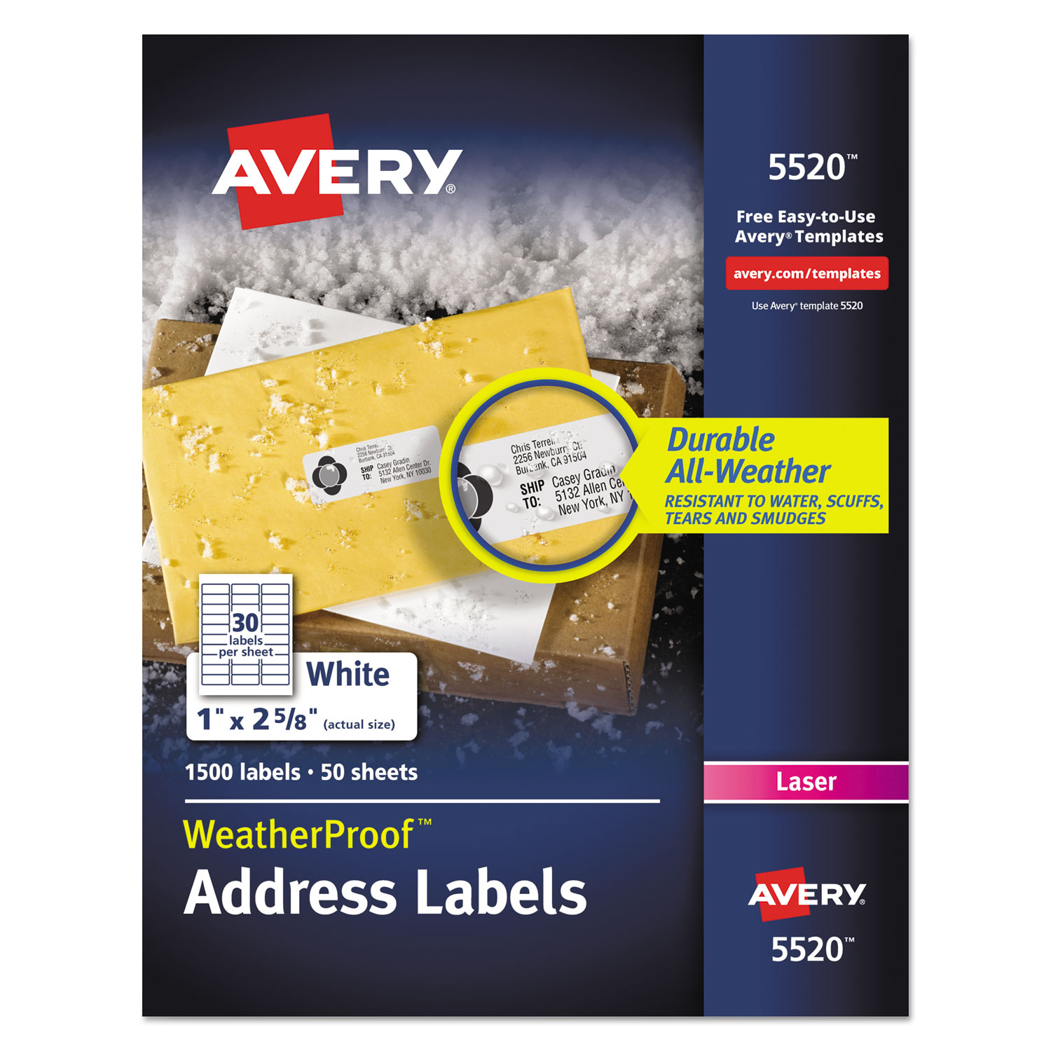  Avery 05520 WeatherProof Durable Mailing Labels w/ TrueBlock Technology, Laser Printers, 1 x 2.63, White, 30/Sheet, 50 Sheets/Pack (AVE5520) 