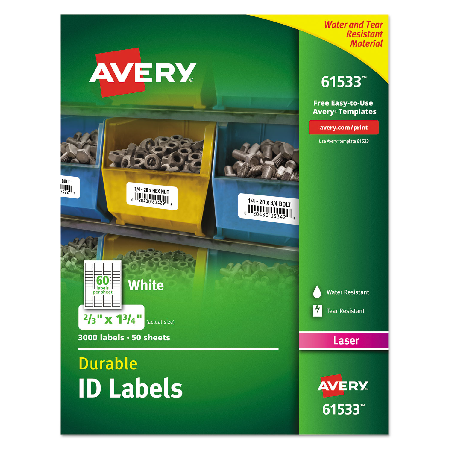  Avery 61533 Durable Permanent ID Labels with TrueBlock Technology, Laser Printers, 0.66 x 1.75, White, 60/Sheet, 50 Sheets/Pack (AVE61533) 