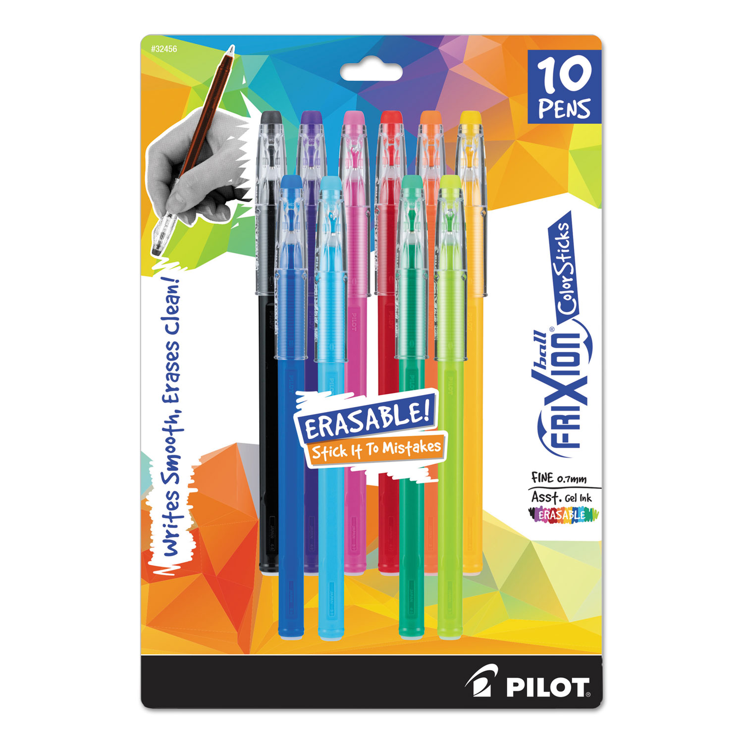  Pilot 32456 FriXion ColorSticks Erasable Stick Gel Pen, 0.7mm, Assorted Ink/Barrel, 10/Pack (PIL32456) 