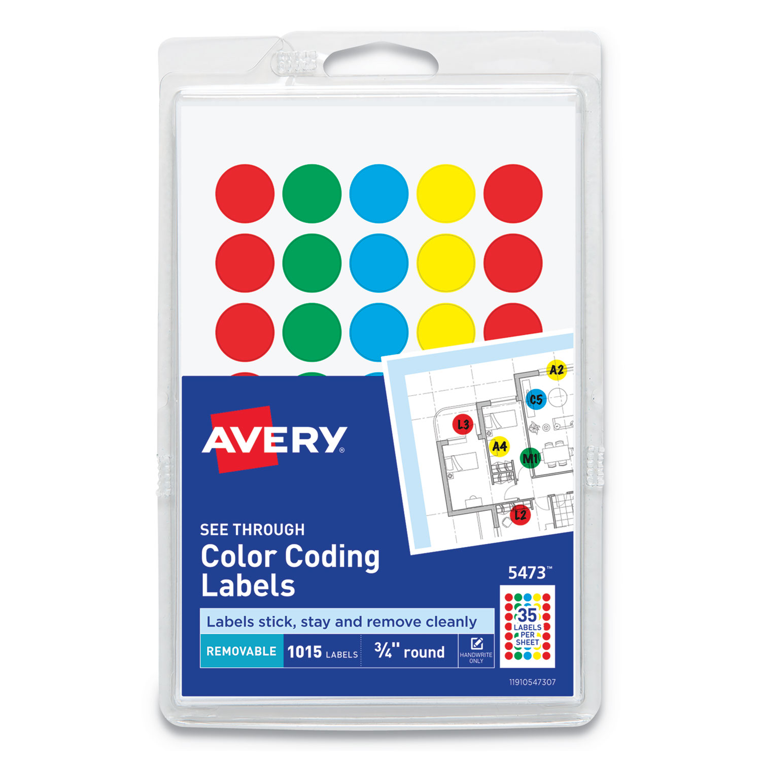  Avery 05473 Handwrite-Only Self-Adhesive See Through Removable Round Color Dots, 0.75 dia., Assorted Colors, 35/Sheet, 29 Sheets/Pack (AVE05473) 