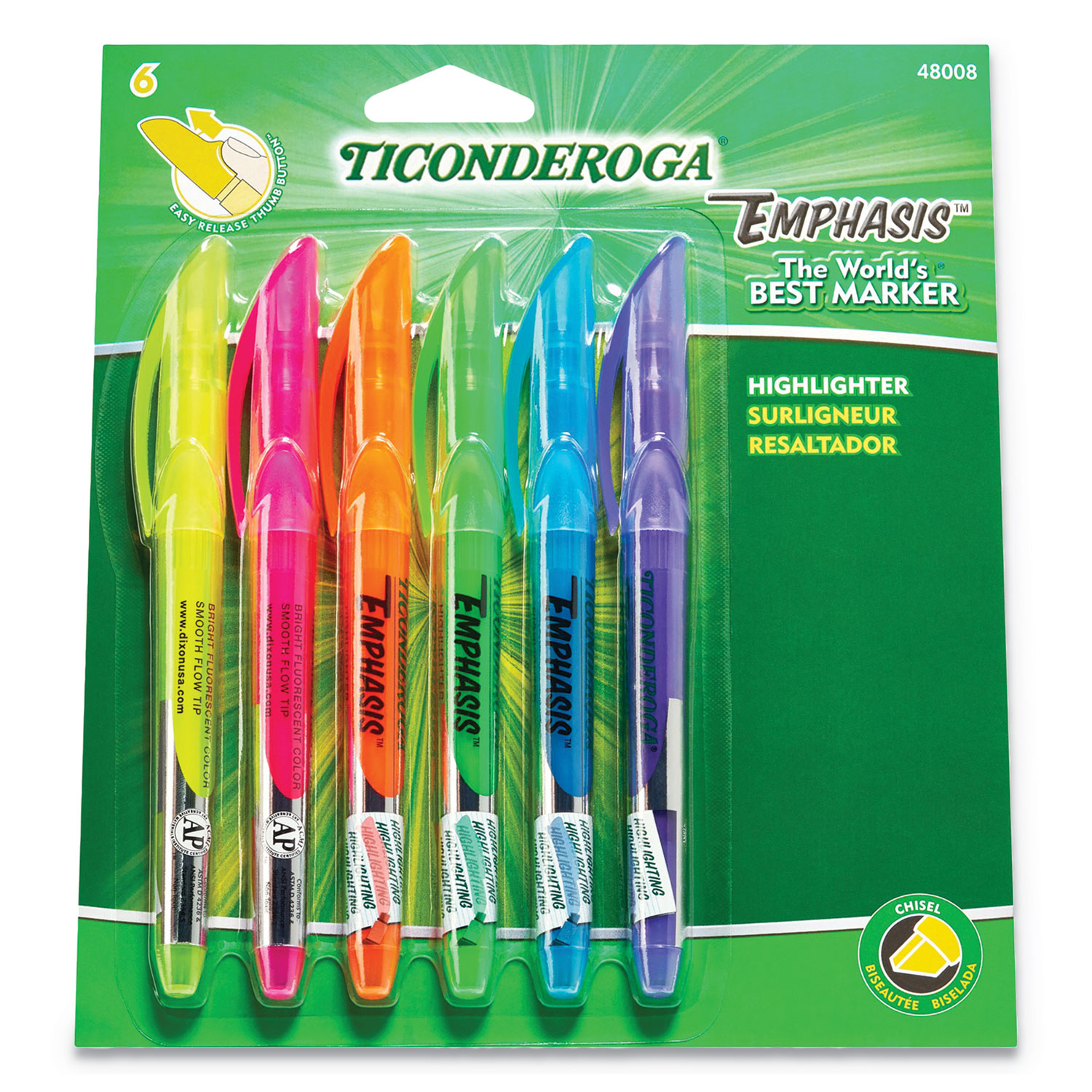  Ticonderoga 48008 Emphasis Pocket Style Highlighters, Chisel Tip, Assorted Colors, 6/Set (DIX48008) 