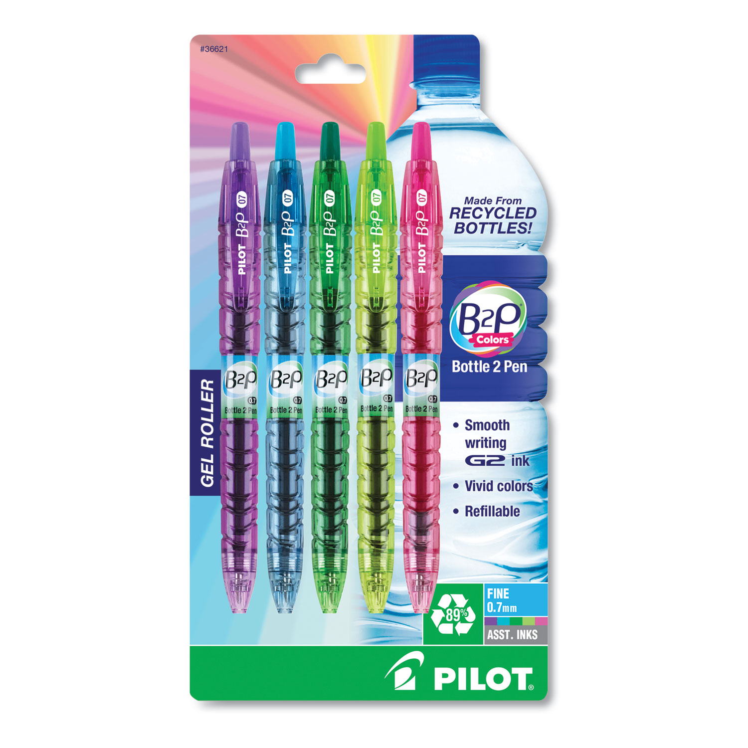  Pilot 36621 B2P Bottle-2-Pen Recycled Retractable Gel Pen, 0.7mm, Assorted Ink/Barrel, 5/Pack (PIL36621) 