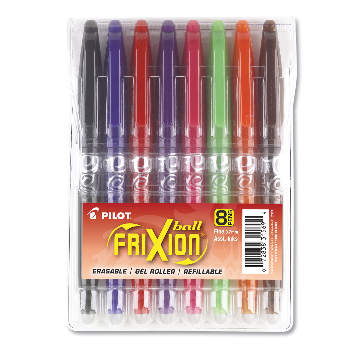 FriXion Ball Erasable Stick Gel Pen, Fine 0.7mm, Assorted Ink/Barrel, 8/Pack