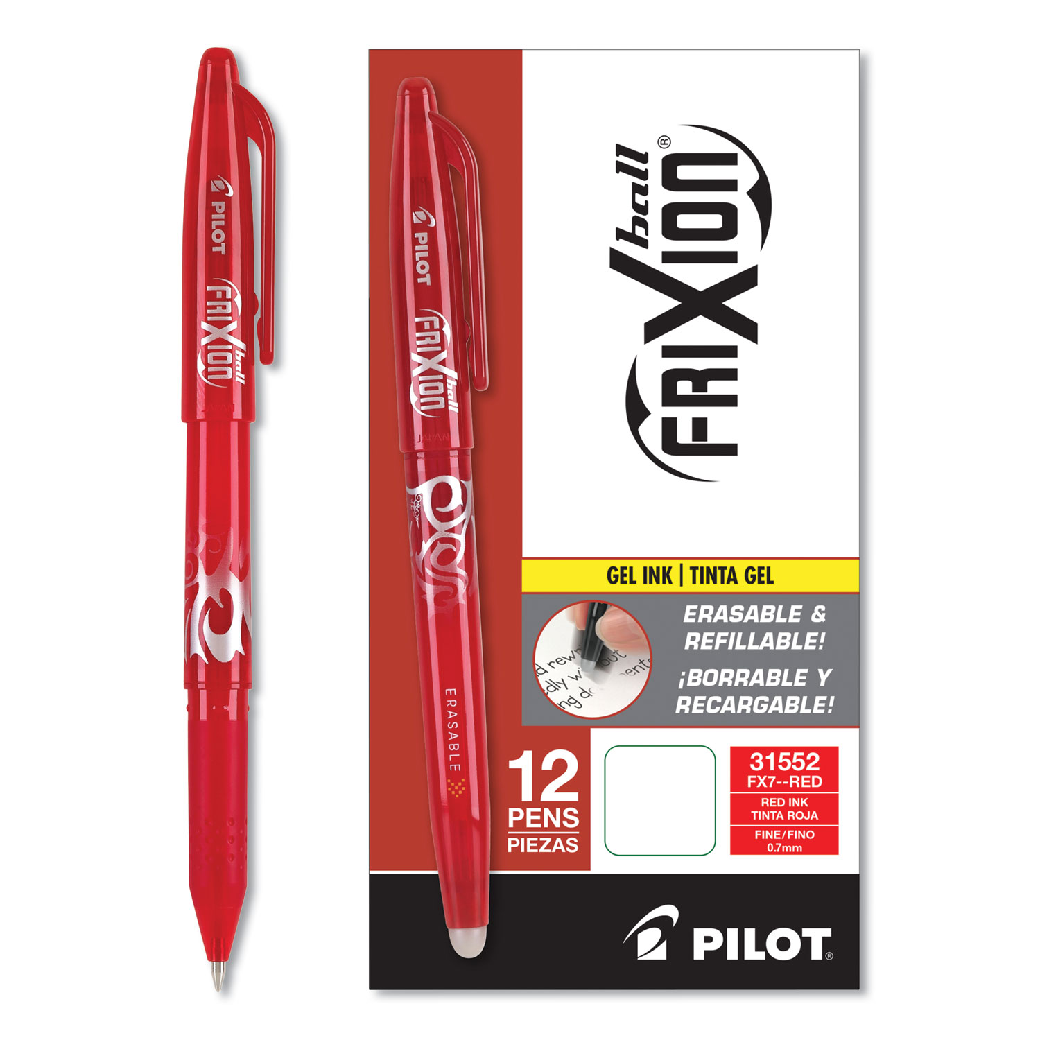  Pilot 31552 FriXion Ball Erasable Stick Gel Pen, Fine 0.7mm, Red Ink, Red Barrel (PIL31552) 