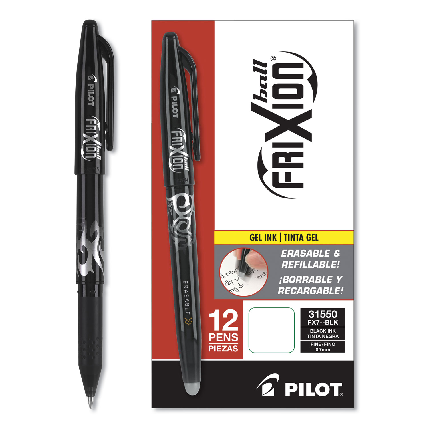 FriXion Ball Erasable Stick Gel Pen, Fine 0.7mm, Black Ink, Black Barrel