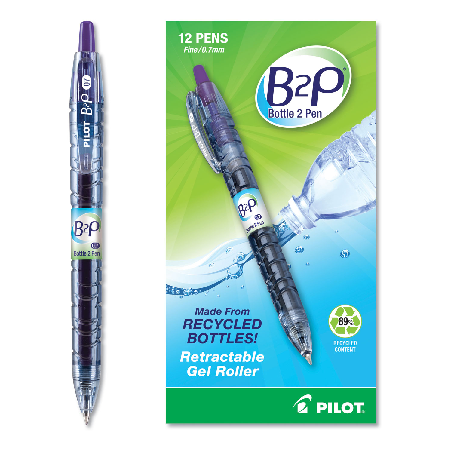  Pilot 31622 B2P Bottle-2-Pen Recycled Retractable Gel Pen, 0.7mm, Purple Ink, Translucent Blue Barrel (PIL31622) 