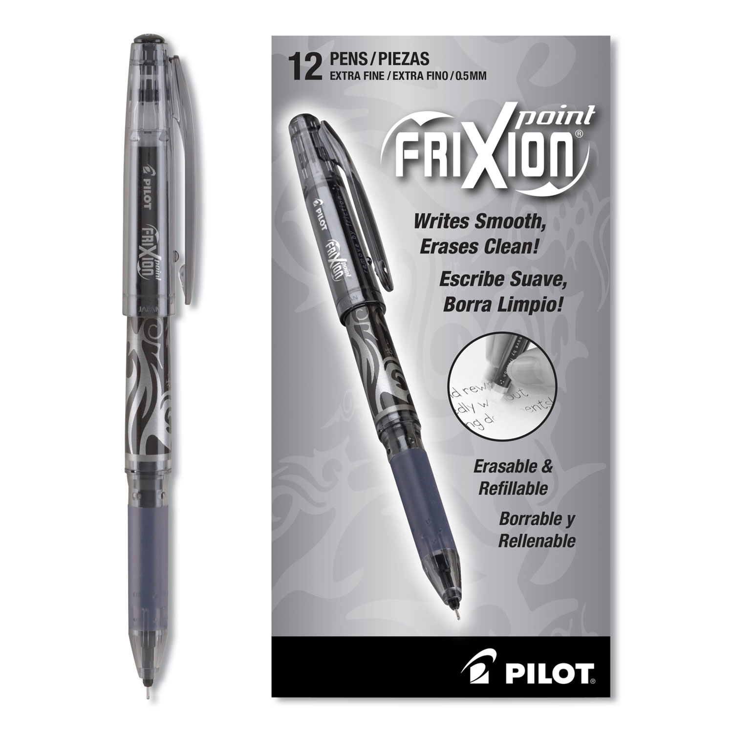  Pilot 31573 FriXion Point Erasable Stick Gel Pen, Extra-Fine 0.5mm, Black Ink, Black Barrel (PIL31573) 