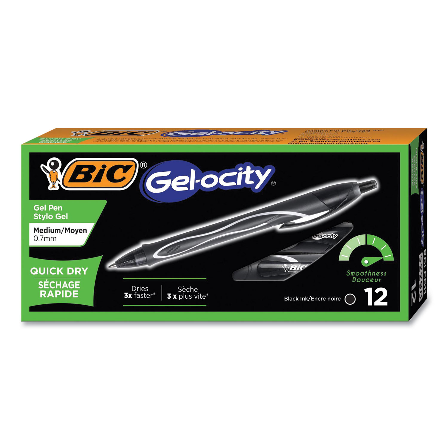  BIC RGLCG11-BK Gel-ocity Quick Dry Retractable Gel Pen, Medium 0.7mm, Black Ink/Barrel, Dozen (BICRGLCG11BK) 